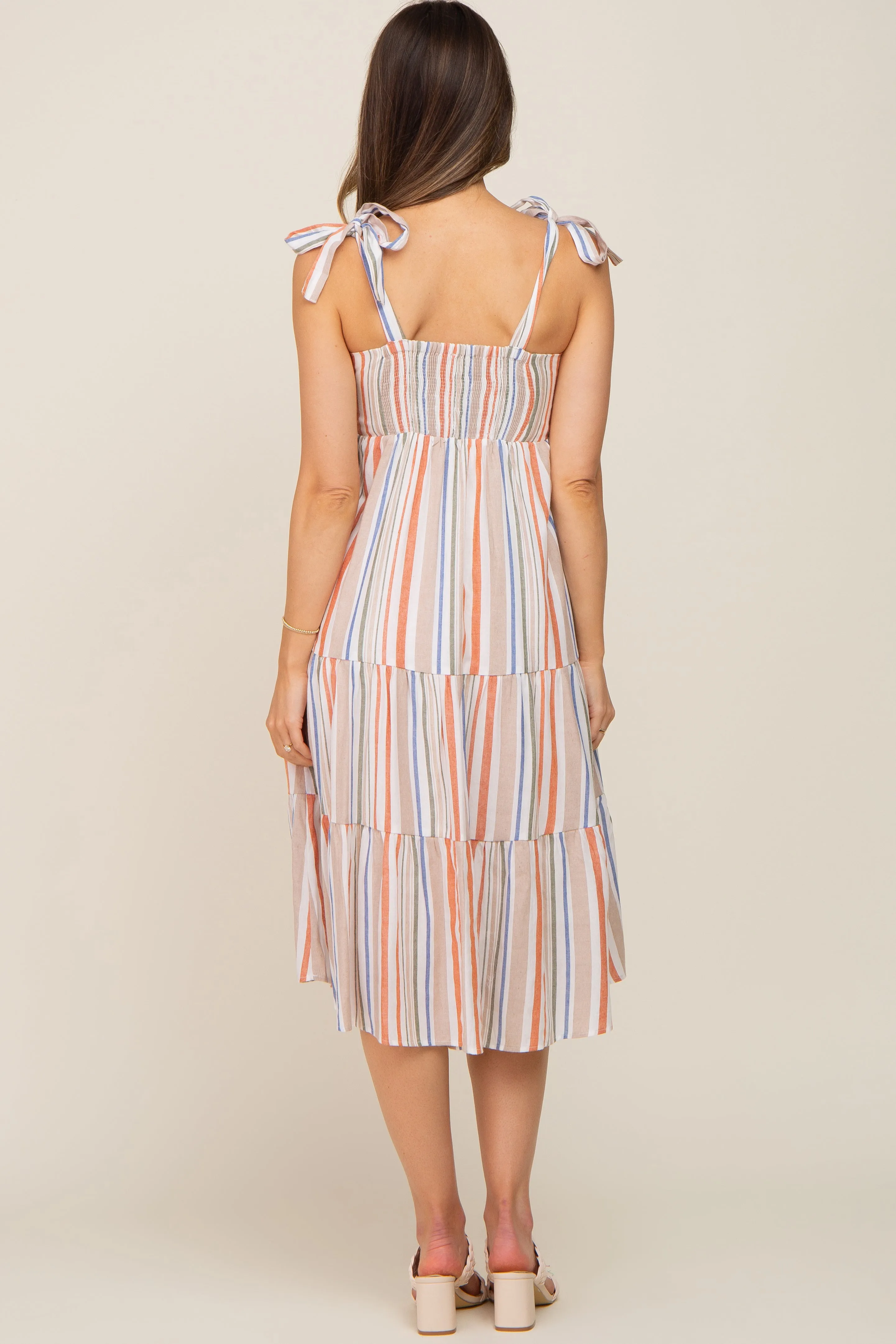 Rust Striped Shoulder Tie Tiered Maternity Midi Dress sold by Pinkblush product image thumbnail 3