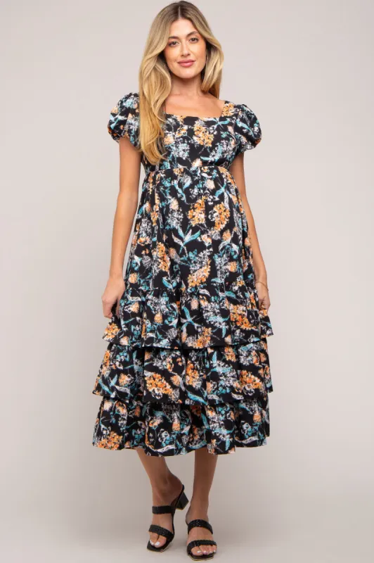 Black Floral Puff Sleeve Tiered Maternity Midi Dress sold by Pinkblush