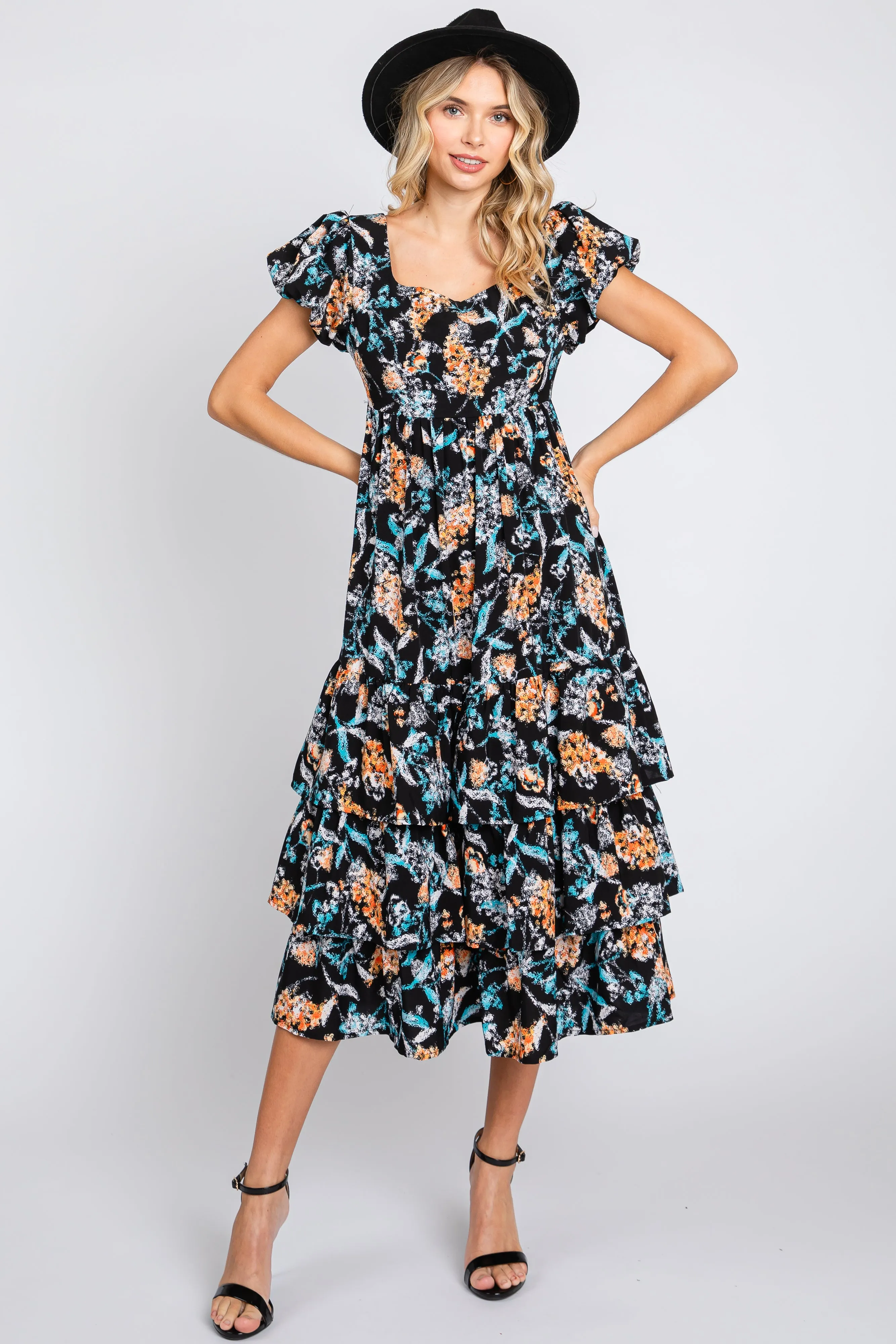 Black Floral Puff Sleeve Tiered Maternity Midi Dress sold by Pinkblush product image thumbnail 5