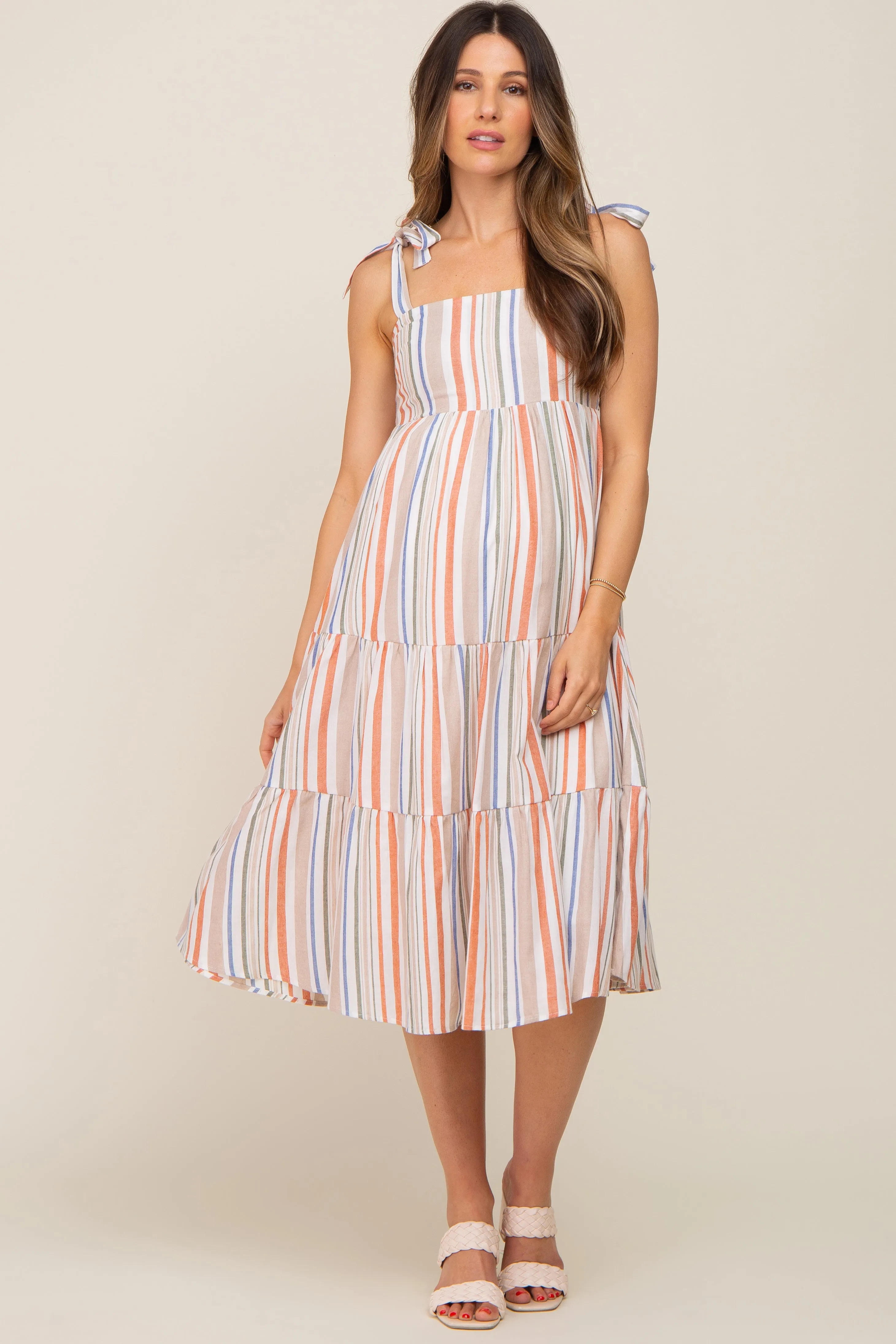 Rust Striped Shoulder Tie Tiered Maternity Midi Dress sold by Pinkblush product image thumbnail 4