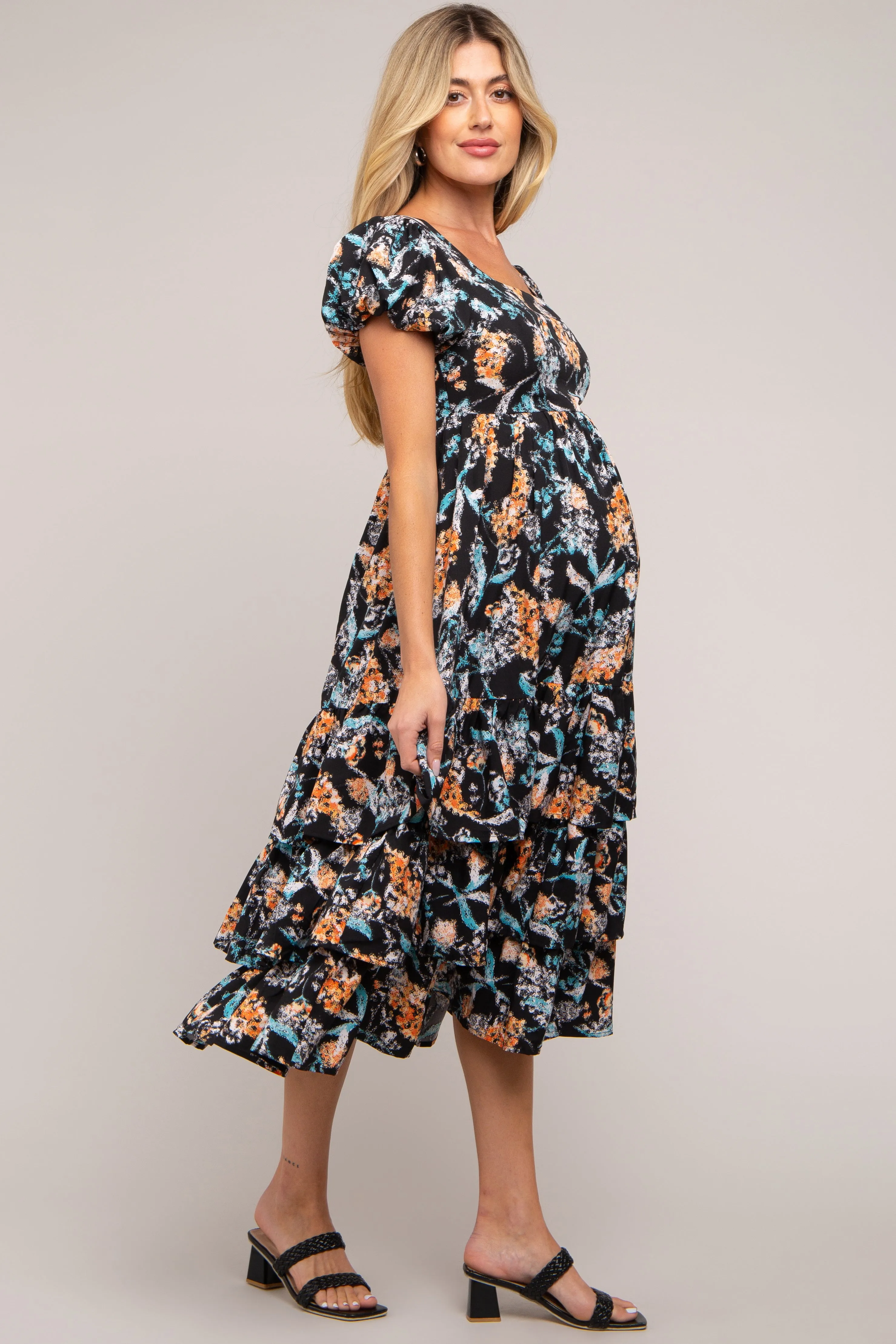 Black Floral Puff Sleeve Tiered Maternity Midi Dress sold by Pinkblush product image thumbnail 2