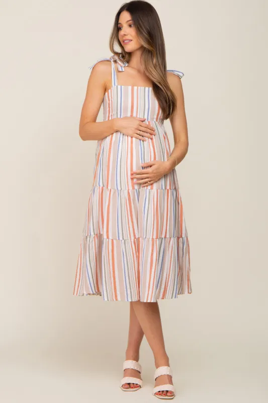 Rust Striped Shoulder Tie Tiered Maternity Midi Dress sold by Pinkblush