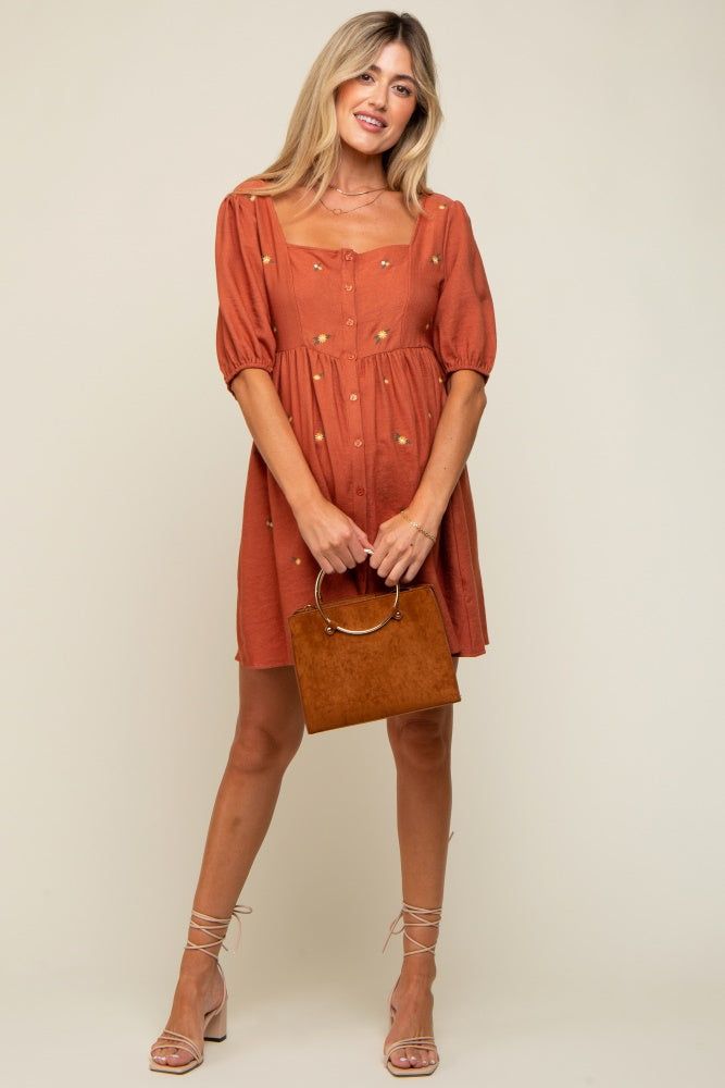 Rust Ribbed Button Front Flower Embroidered Maternity Dress sold by Pinkblush product image thumbnail 5