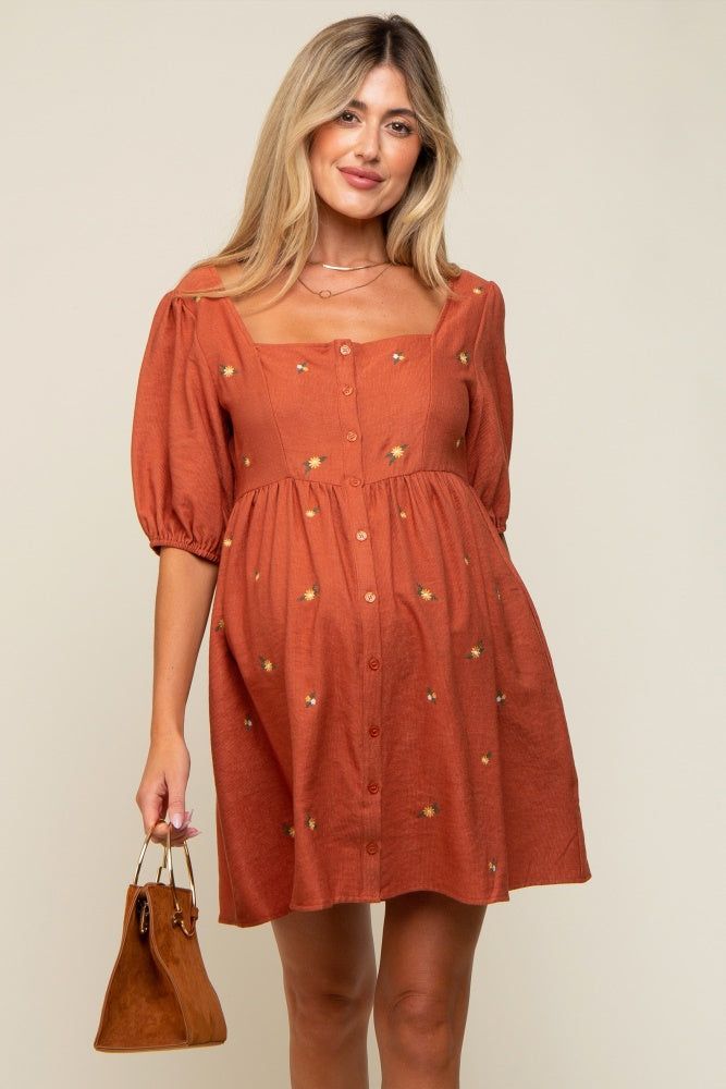 Rust Ribbed Button Front Flower Embroidered Maternity Dress sold by Pinkblush product image thumbnail 2
