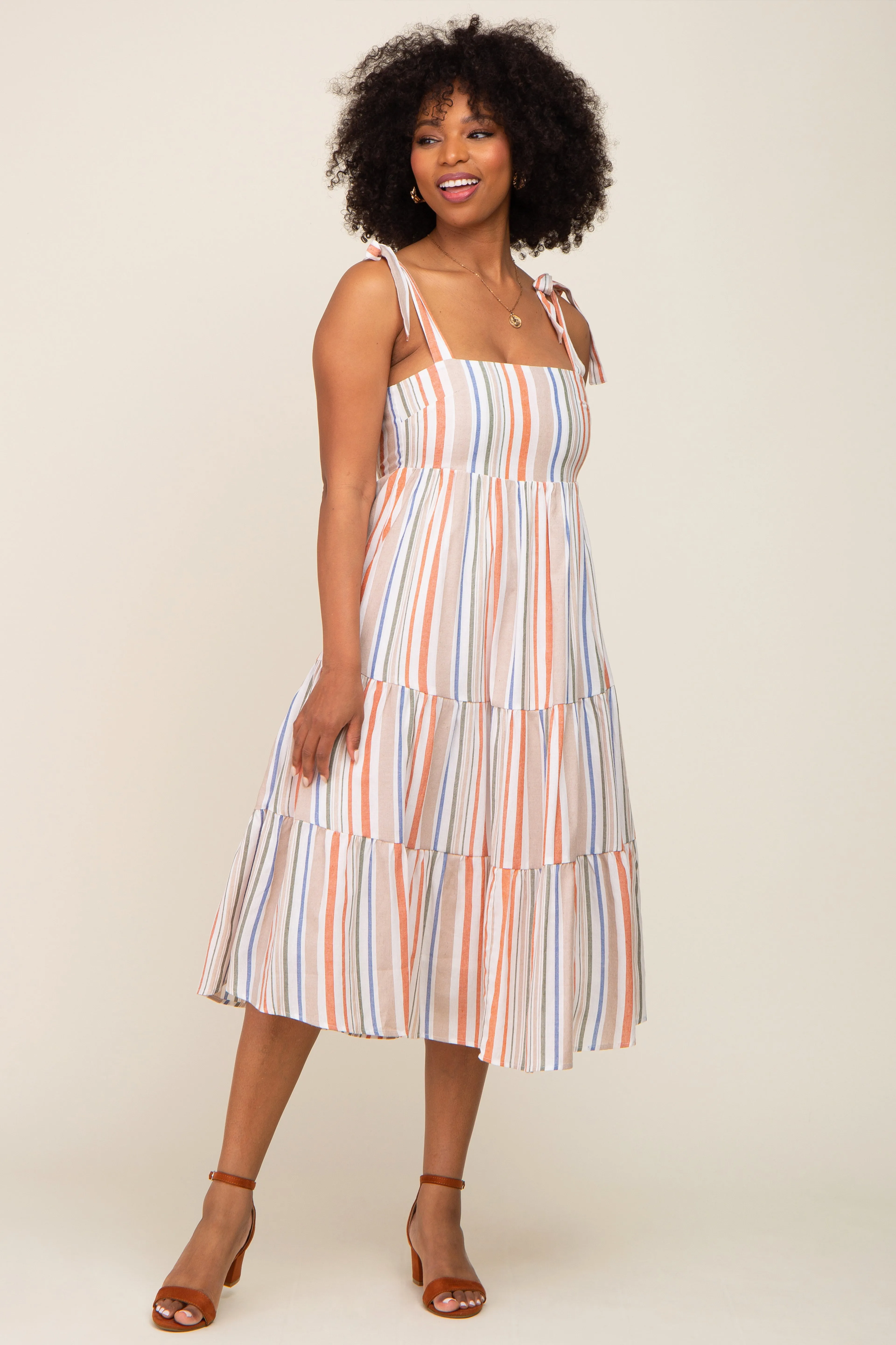 Rust Striped Shoulder Tie Tiered Maternity Midi Dress sold by Pinkblush product image thumbnail 5