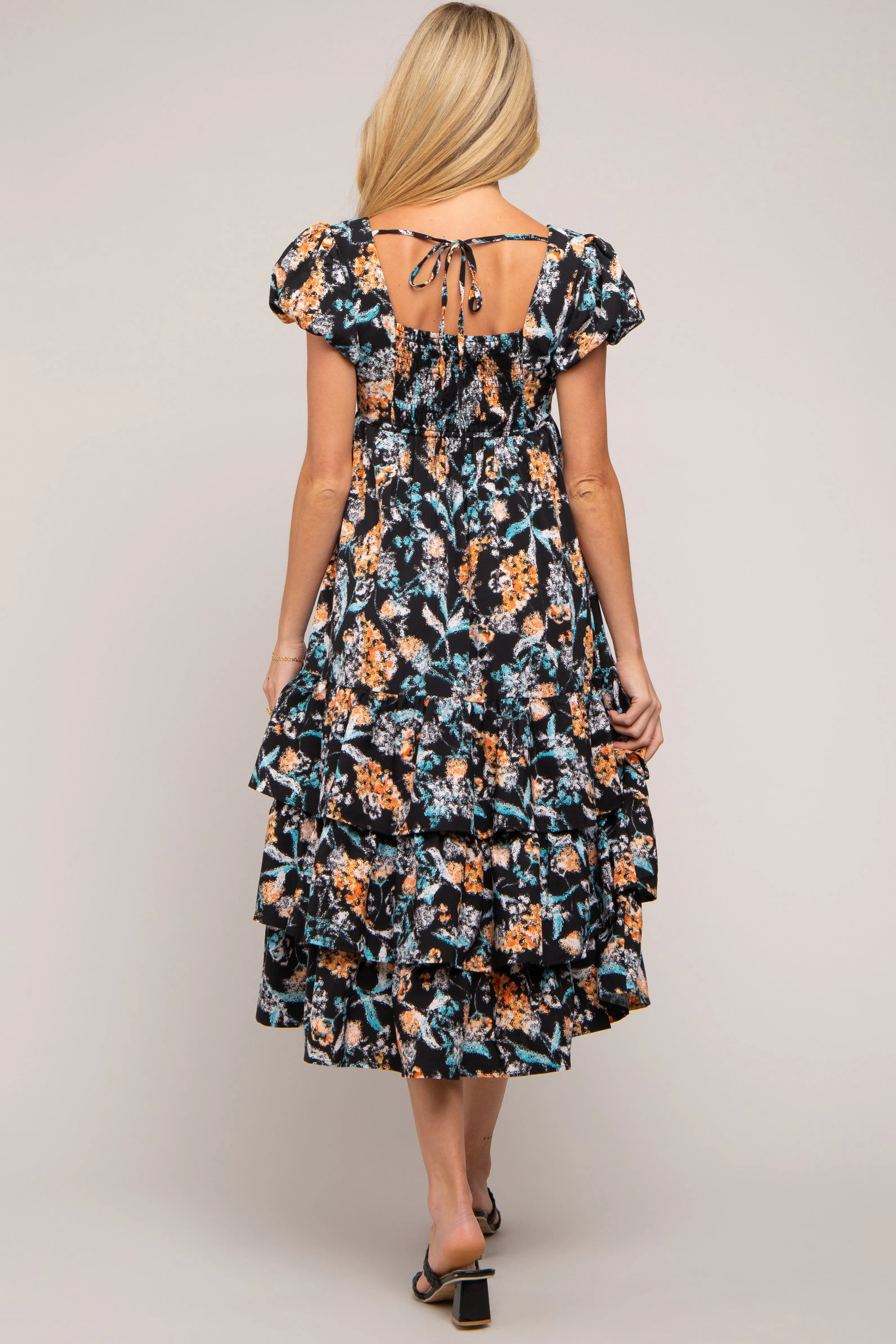 Black Floral Puff Sleeve Tiered Maternity Midi Dress sold by Pinkblush product image thumbnail 3