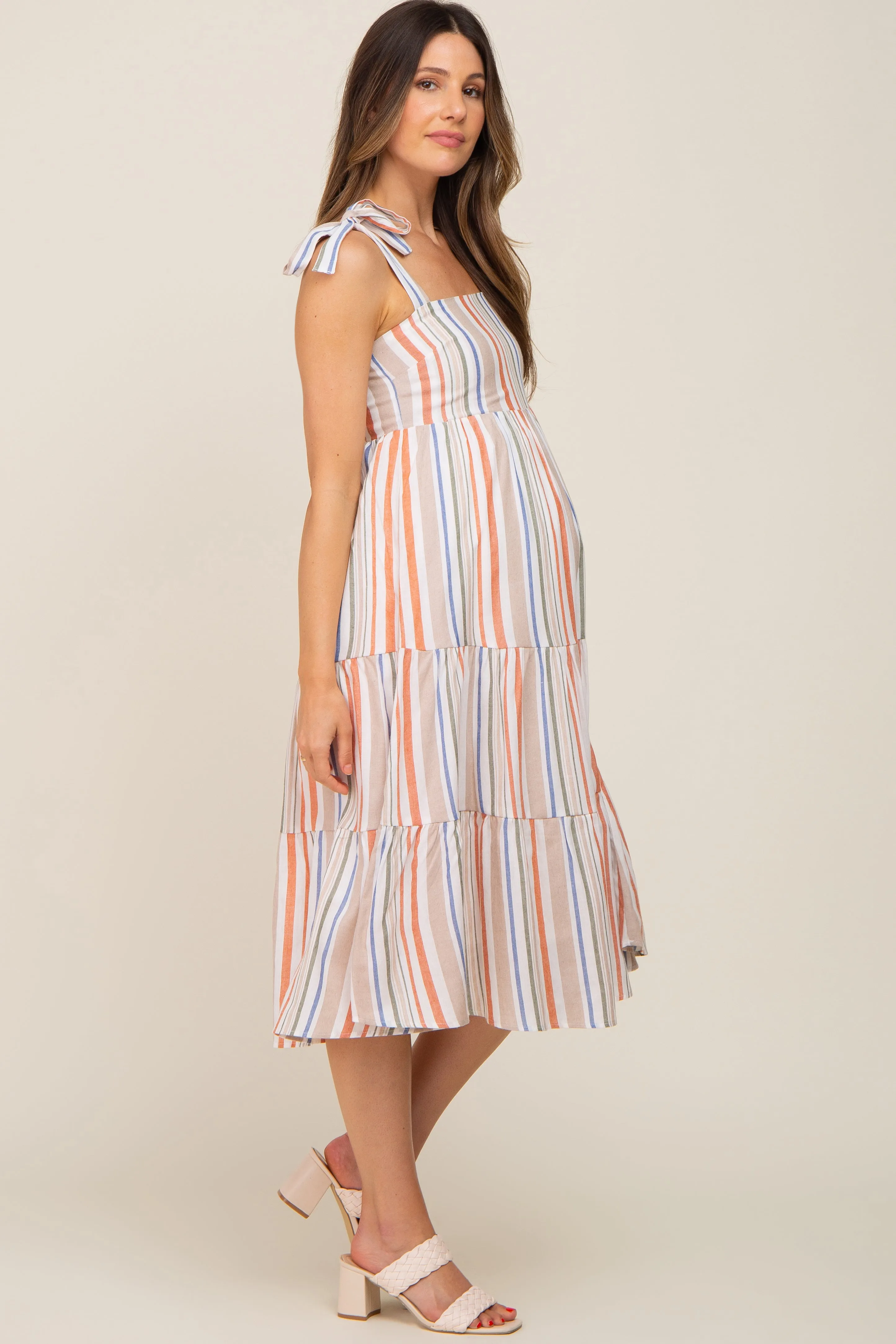 Rust Striped Shoulder Tie Tiered Maternity Midi Dress sold by Pinkblush product image thumbnail 2