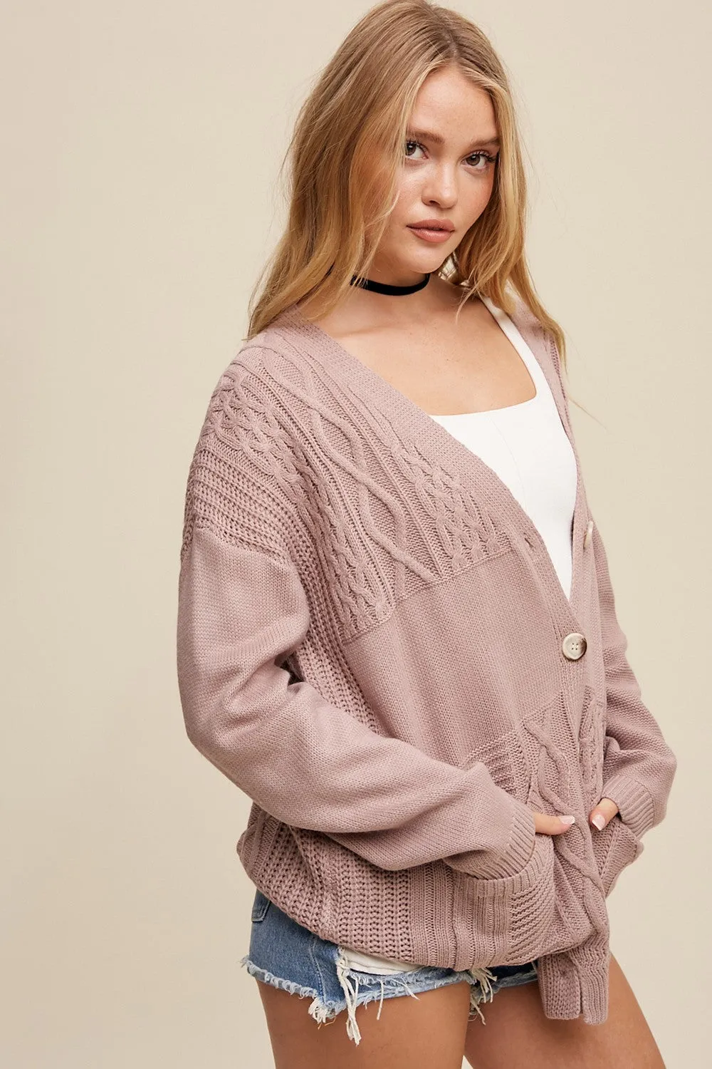 Mauve Cable Knit Cardigan Sweater sold by Pinkblush product image thumbnail 3