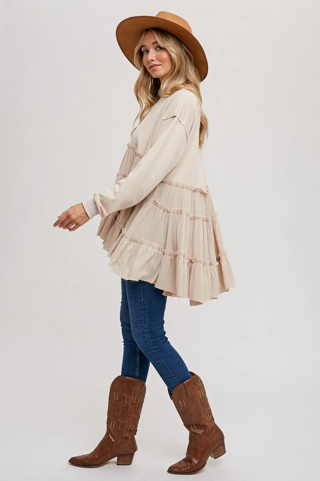 Oatmeal Tierd Ruffle Hem Sweatshirt sold by Pinkblush product image thumbnail 3