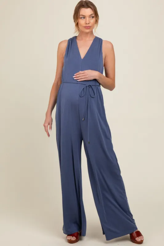 Blue Racerback Wide Leg Maternity Jumpsuit sold by Pinkblush
