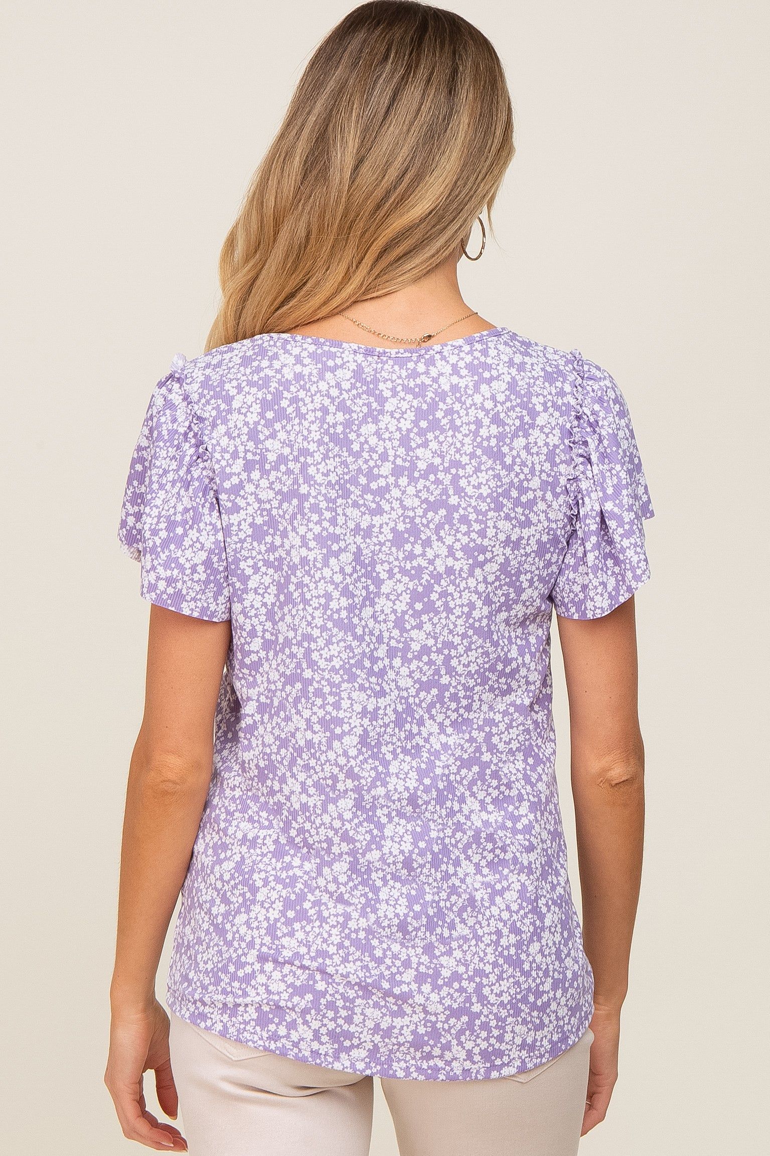 Lavender Floral Ribbed Ruffle Short Sleeve Maternity Top sold by Pinkblush product image thumbnail 3