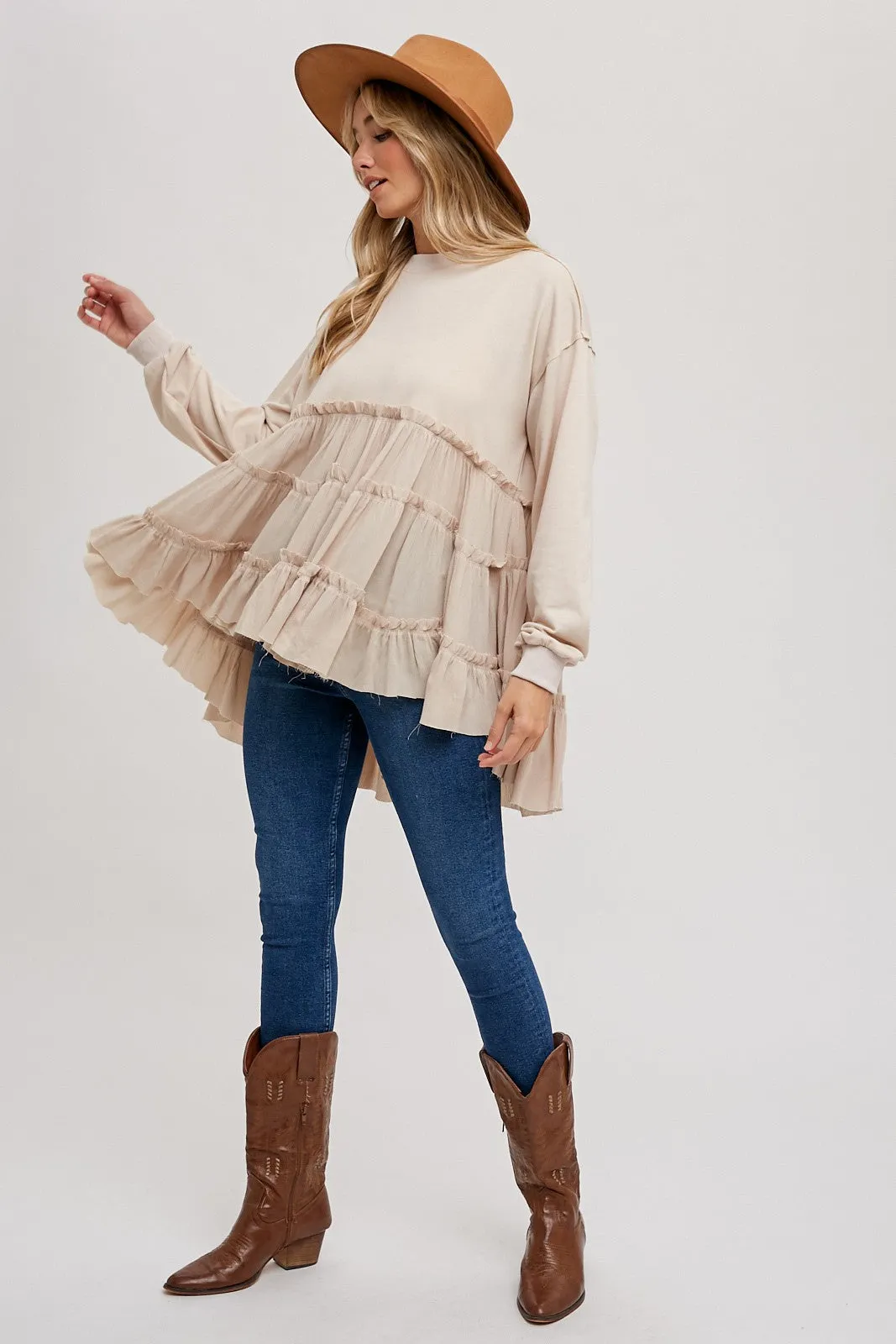 Oatmeal Tierd Ruffle Hem Sweatshirt sold by Pinkblush product image thumbnail 4