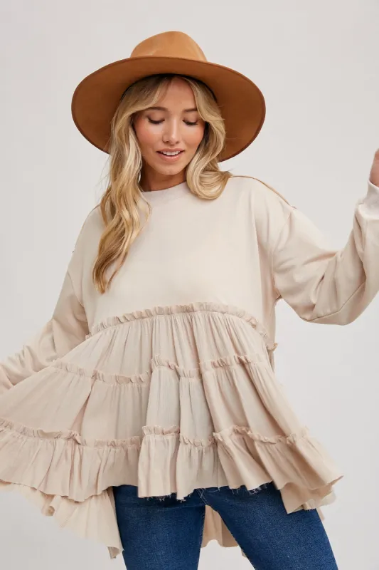 Oatmeal Tierd Ruffle Hem Sweatshirt sold by Pinkblush