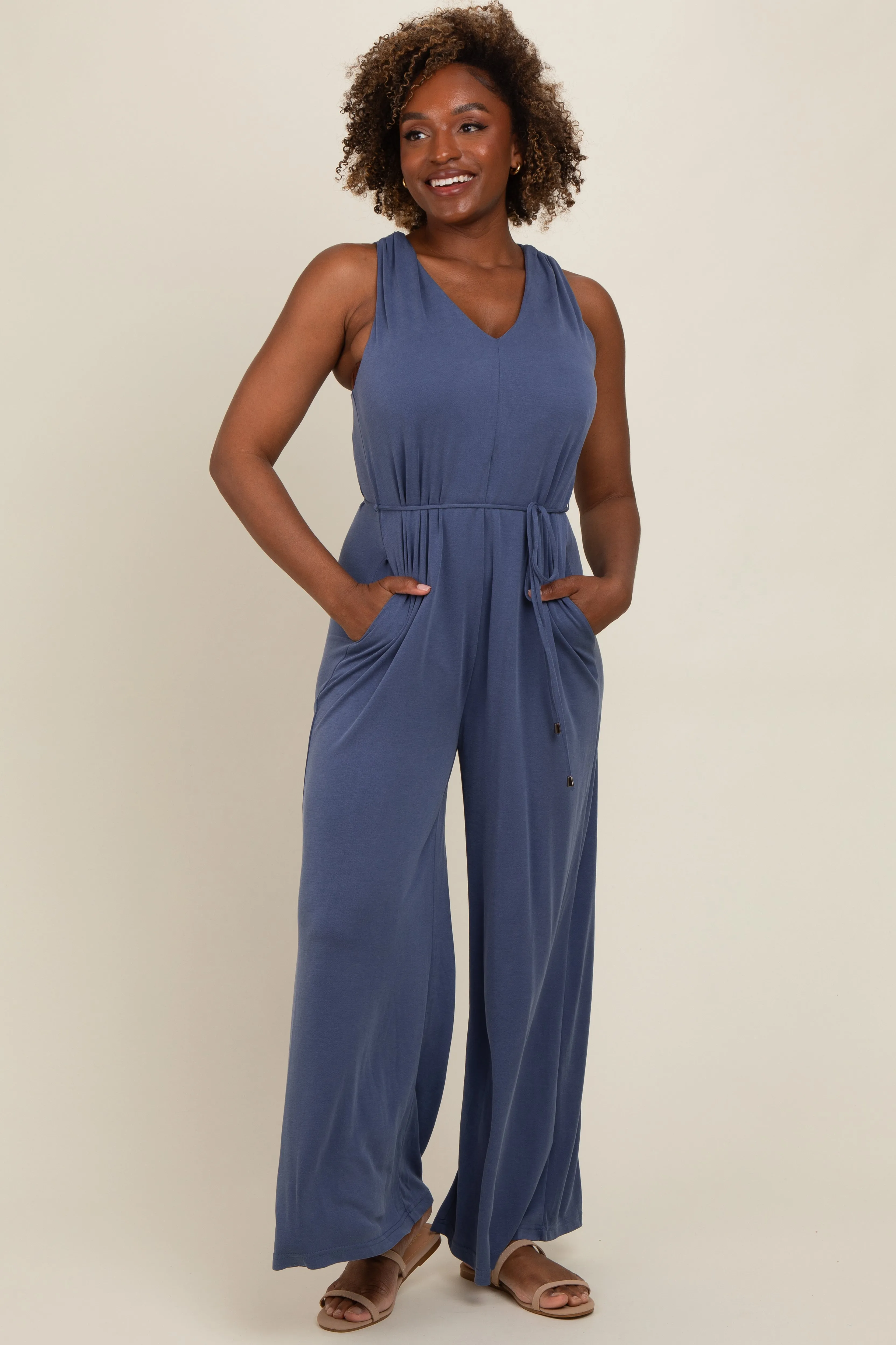 Blue Racerback Wide Leg Maternity Jumpsuit sold by Pinkblush product image thumbnail 5