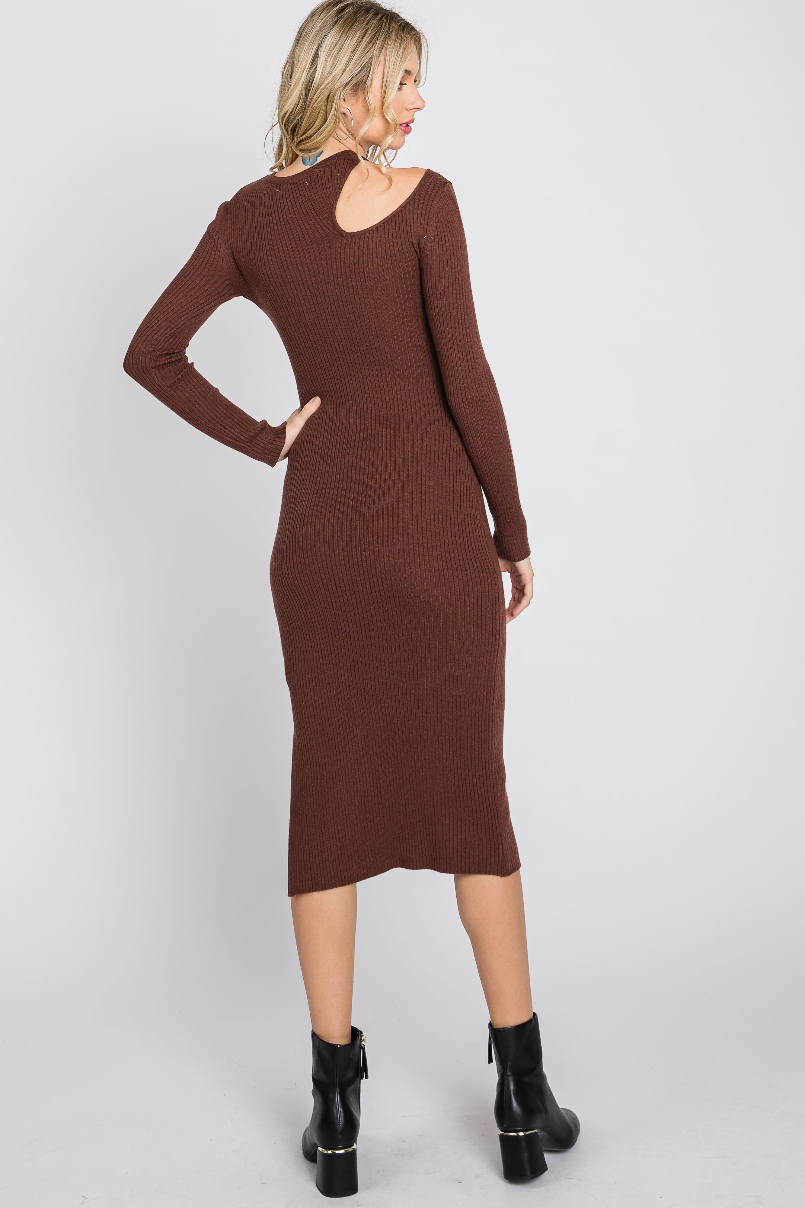 Brown Ribbed Cutout Fitted Dress sold by Pinkblush product image thumbnail 9