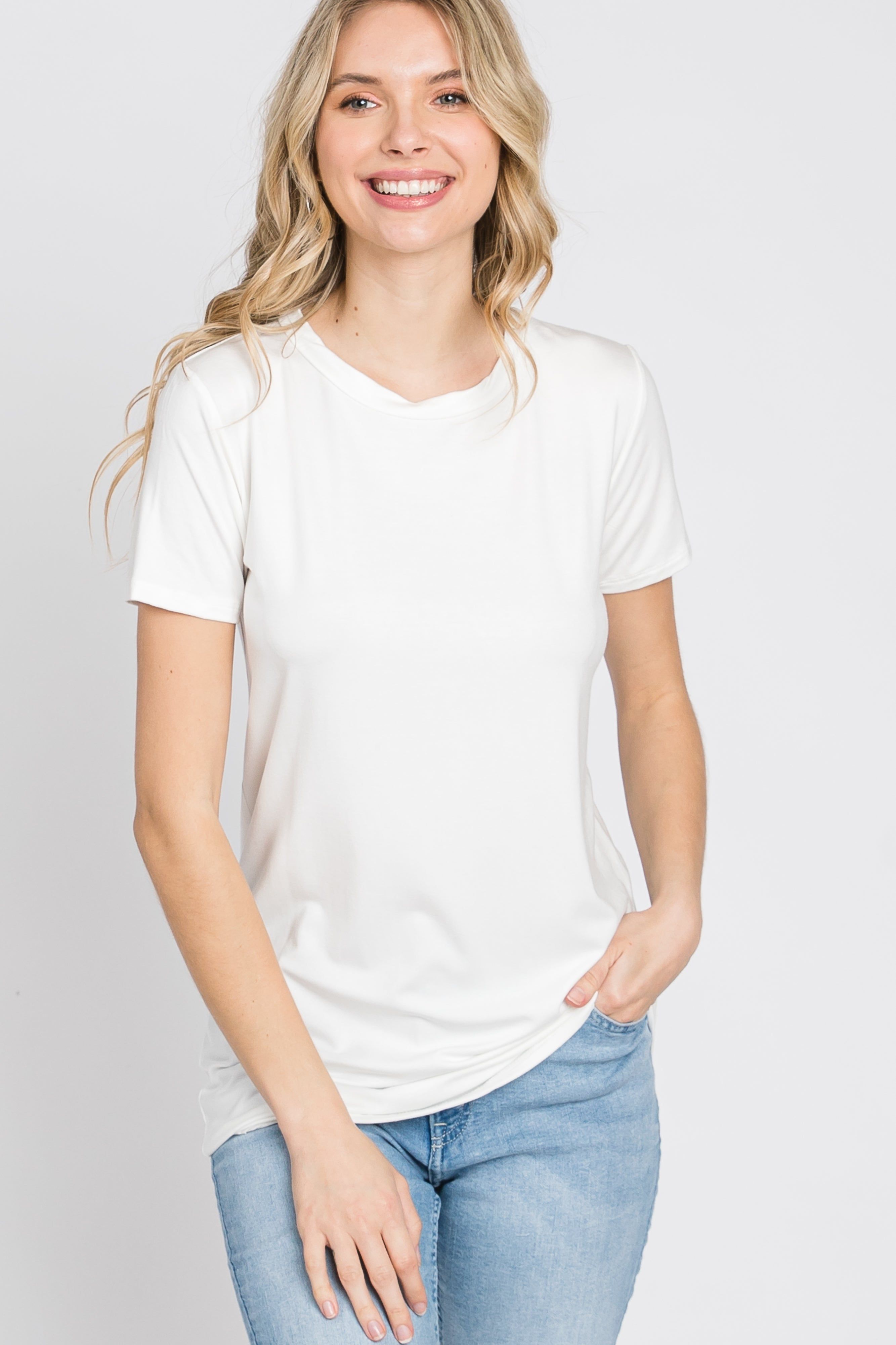 White Basic Short Sleeve Top sold by Pinkblush