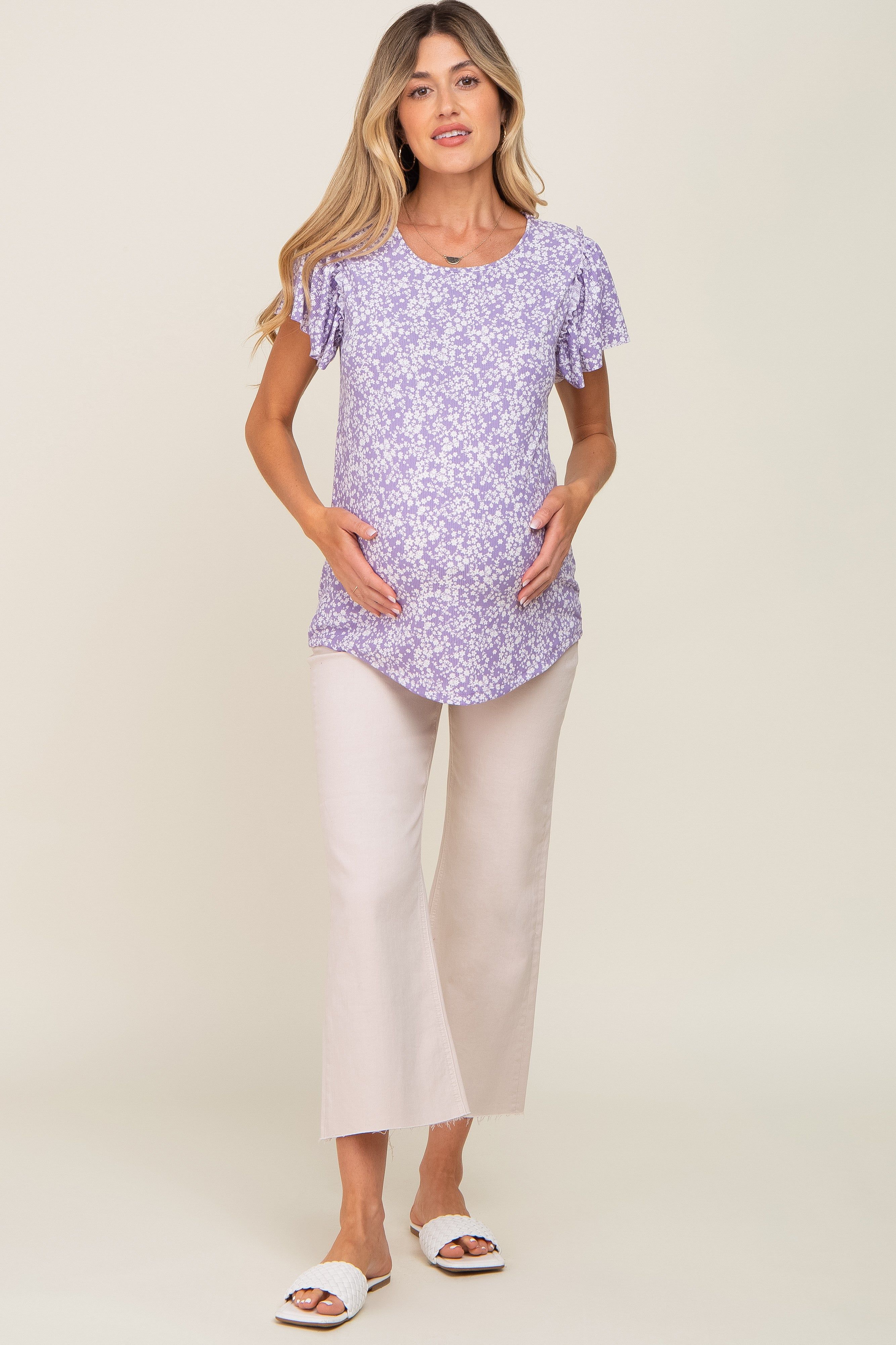 Lavender Floral Ribbed Ruffle Short Sleeve Maternity Top sold by Pinkblush product image thumbnail 4