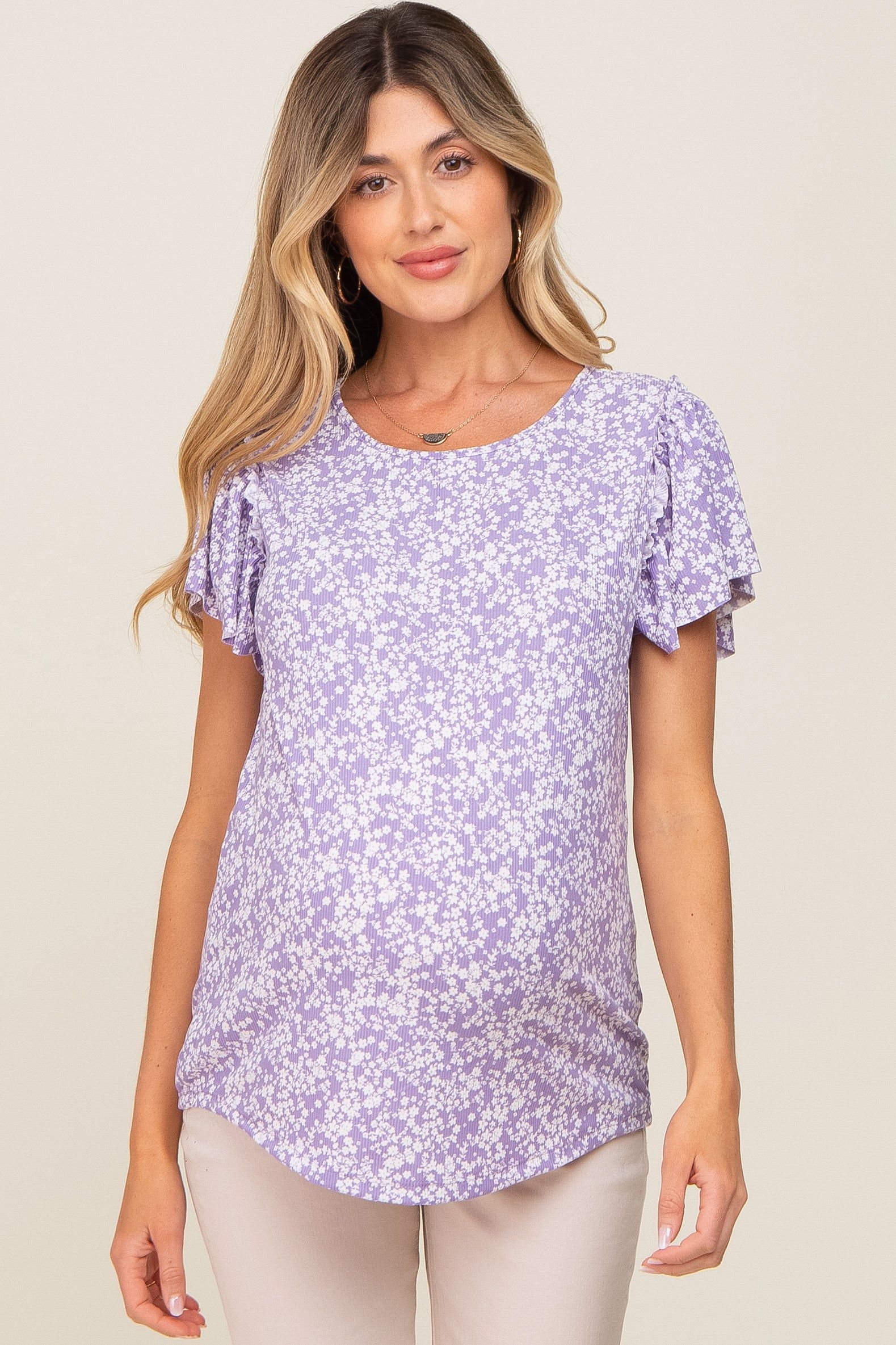 Lavender Floral Ribbed Ruffle Short Sleeve Maternity Top sold by Pinkblush