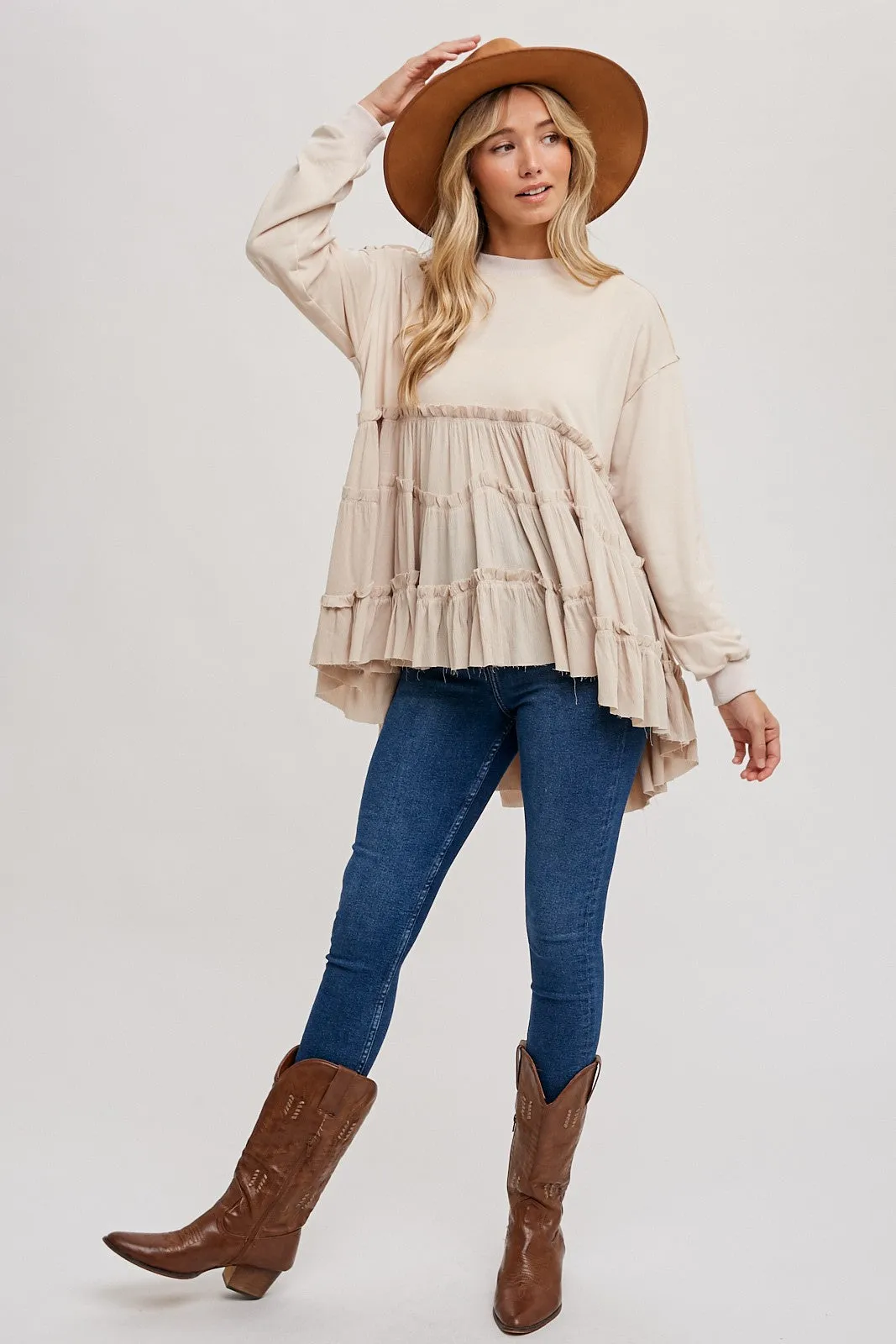 Oatmeal Tierd Ruffle Hem Sweatshirt sold by Pinkblush product image thumbnail 2