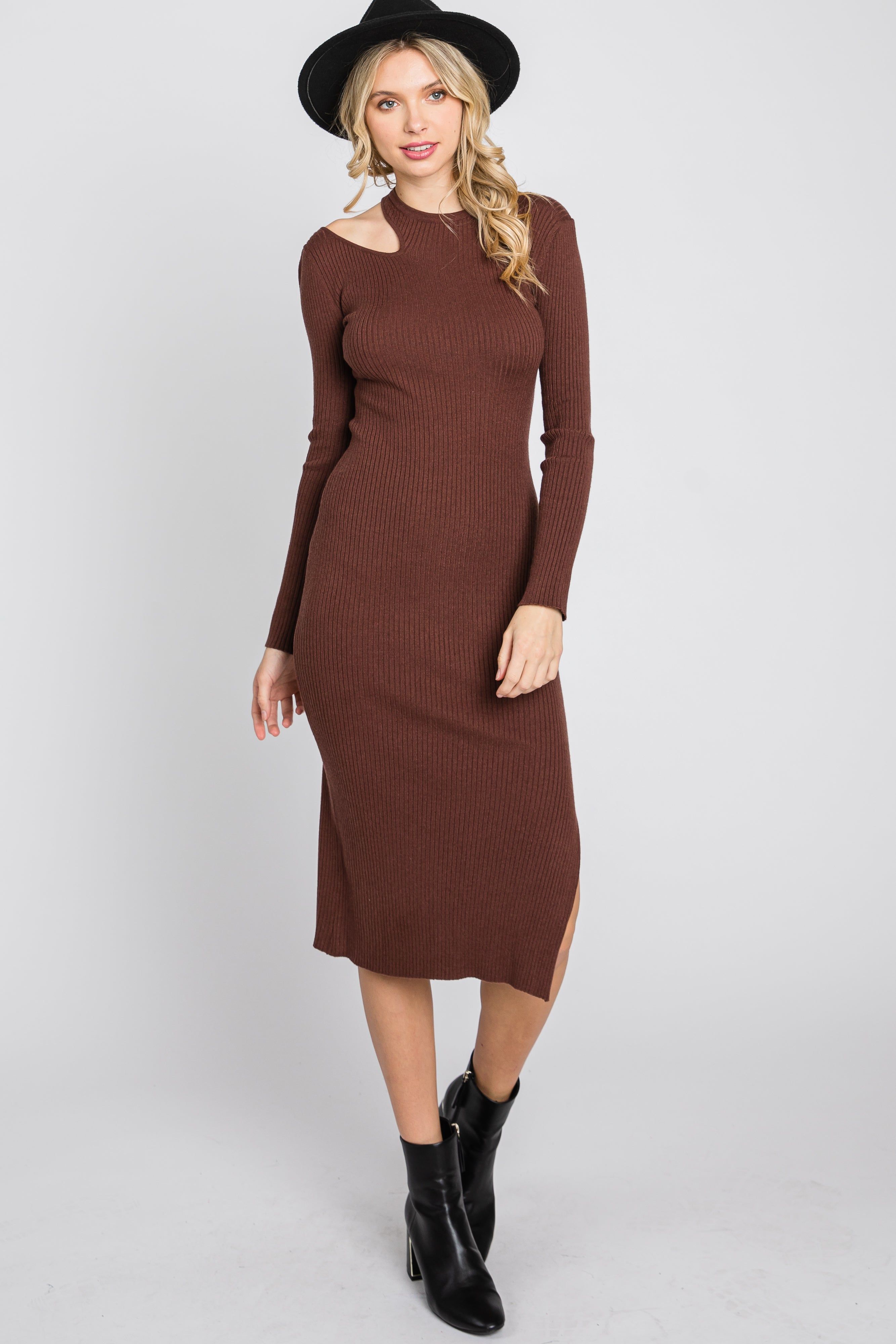 Brown Ribbed Cutout Fitted Dress sold by Pinkblush