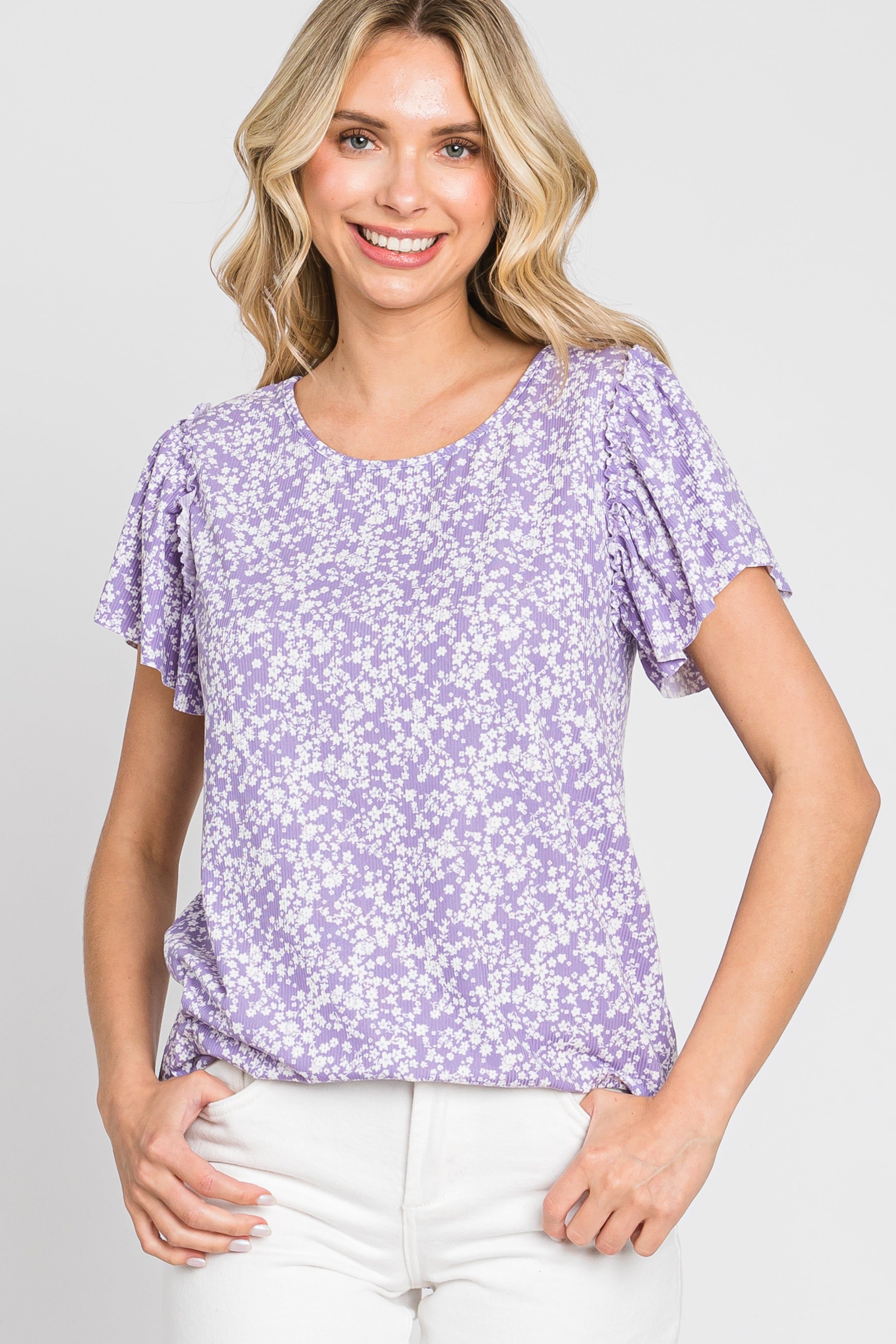 Lavender Floral Ribbed Ruffle Short Sleeve Maternity Top sold by Pinkblush product image thumbnail 5