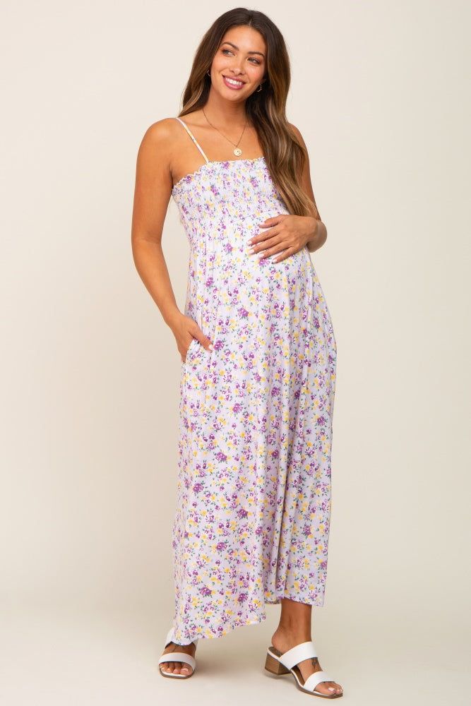 Lavender Square Neck Smocked Maternity Midi Dress sold by Pinkblush