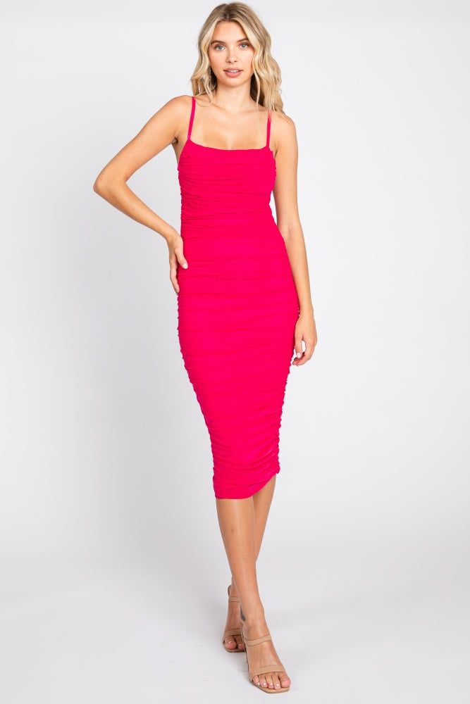 Fuchsia Ruched Mesh Square Neck Midi Dress sold by Pinkblush