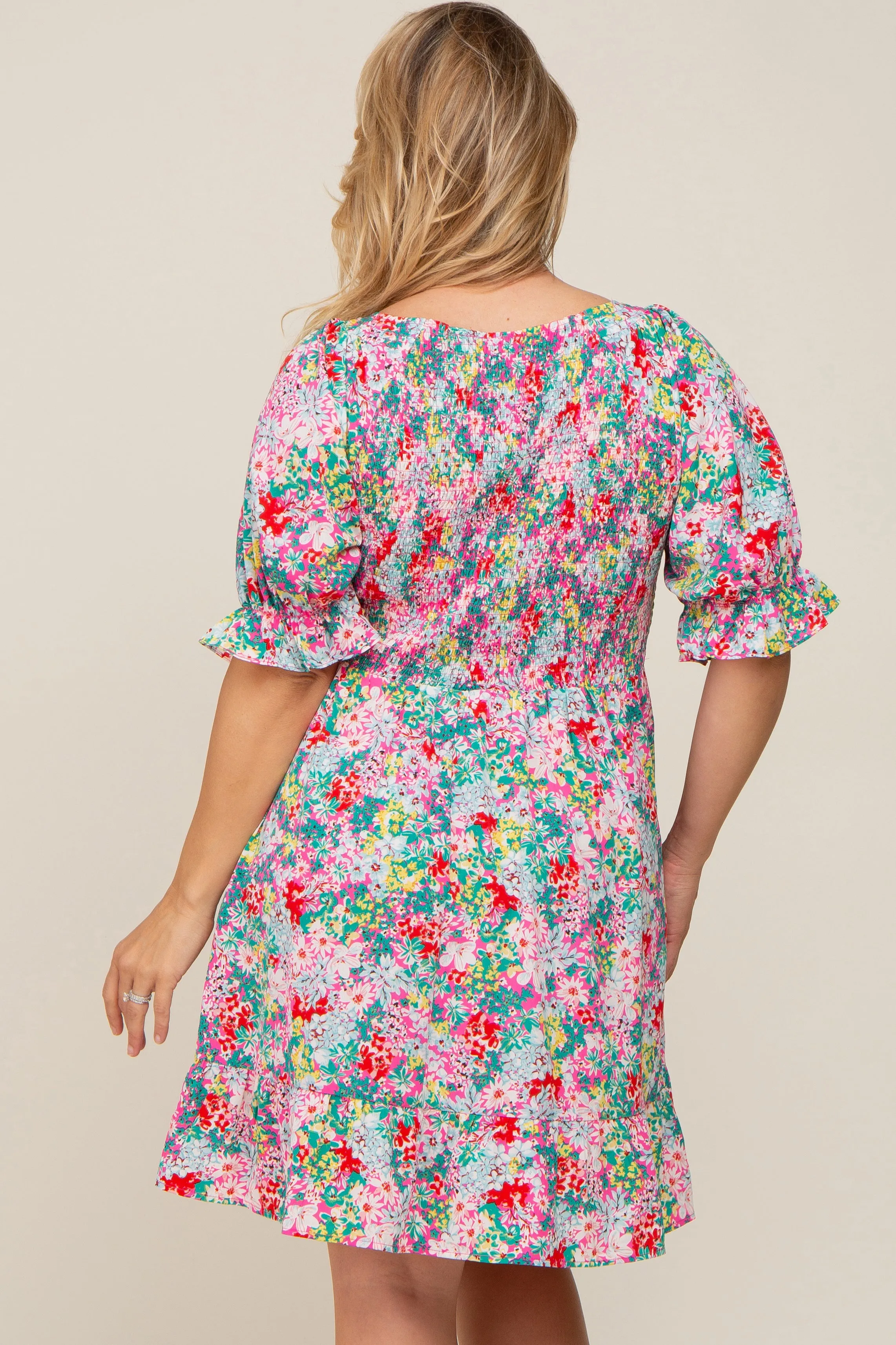 Fuchsia Floral Smocked Ruffle Accent Maternity Plus Dress sold by Pinkblush product image thumbnail 3