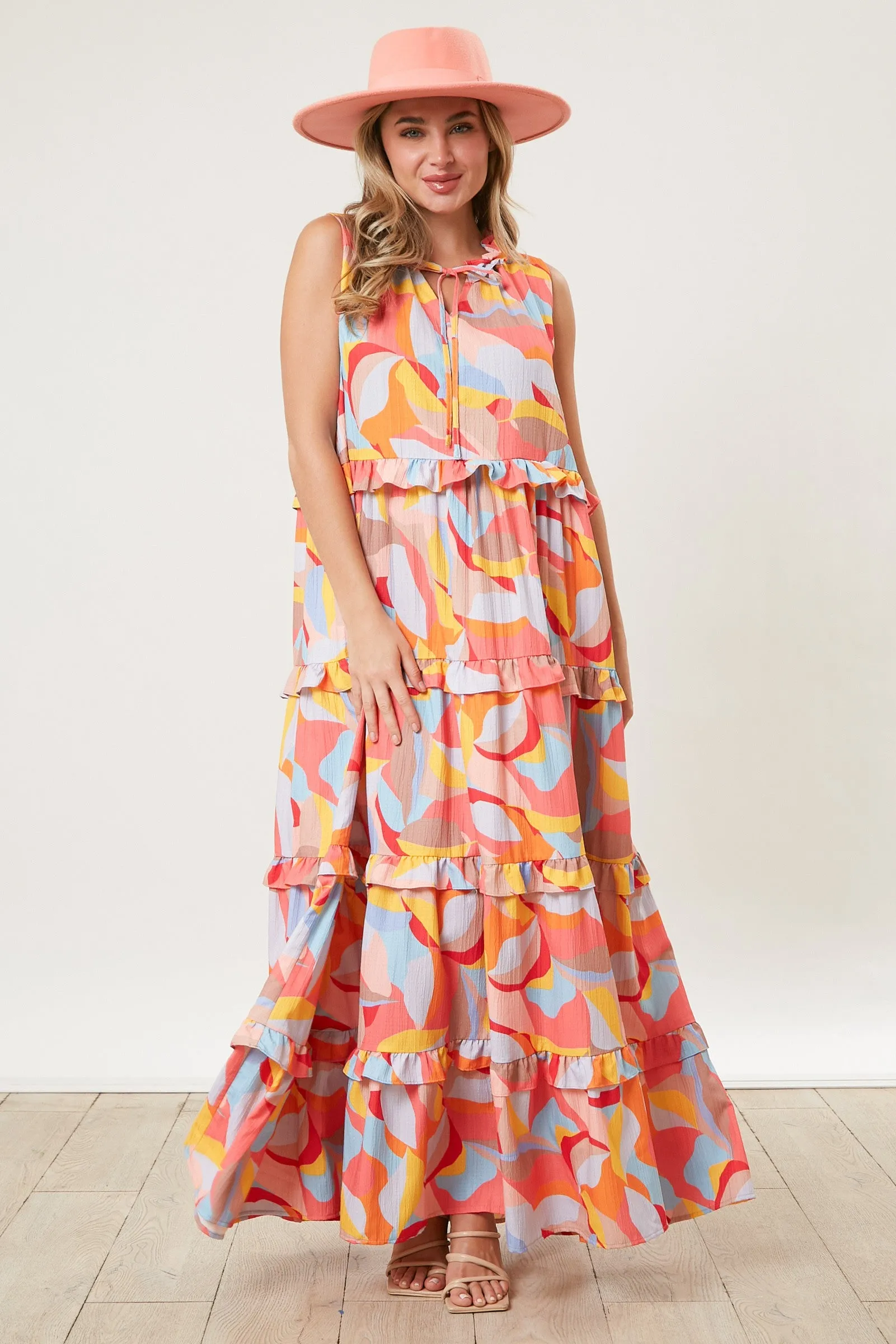 Orange Abstract Ruffle Tiered Maxi Dress sold by Pinkblush
