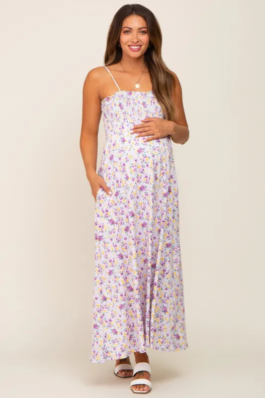 Lavender Square Neck Smocked Maternity Midi Dress sold by Pinkblush