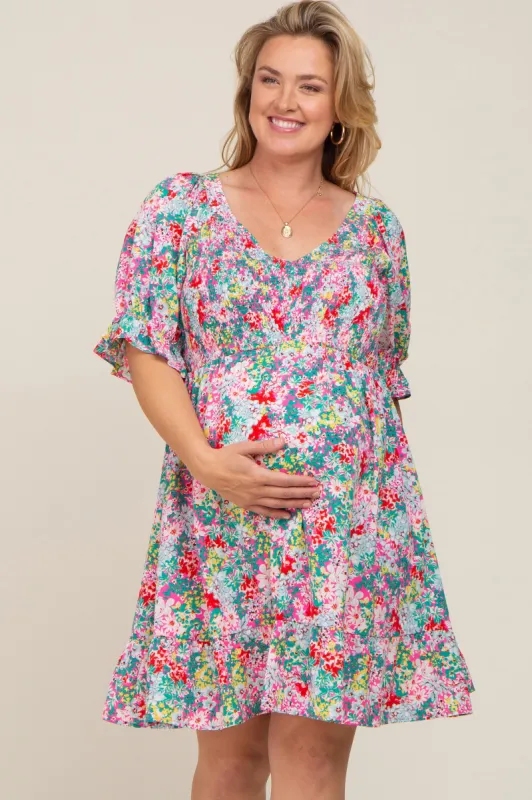 Fuchsia Floral Smocked Ruffle Accent Maternity Plus Dress sold by Pinkblush