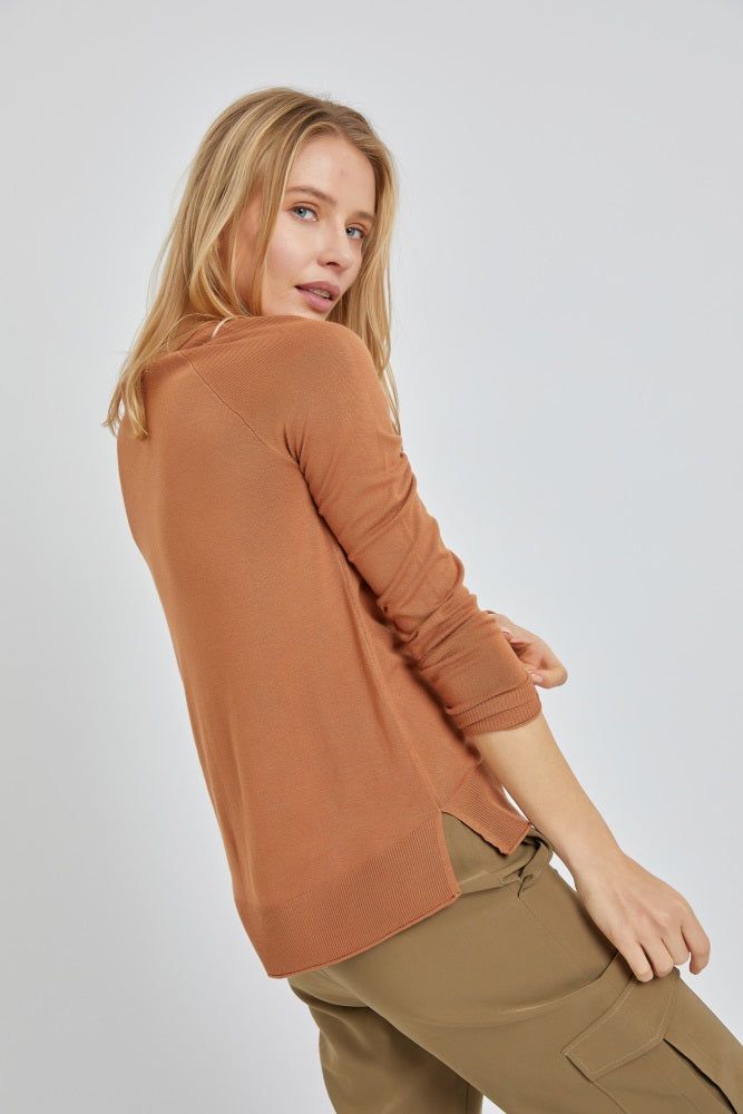 Camel Fine Knit V-Neck Side Slit Top sold by Pinkblush product image thumbnail 2