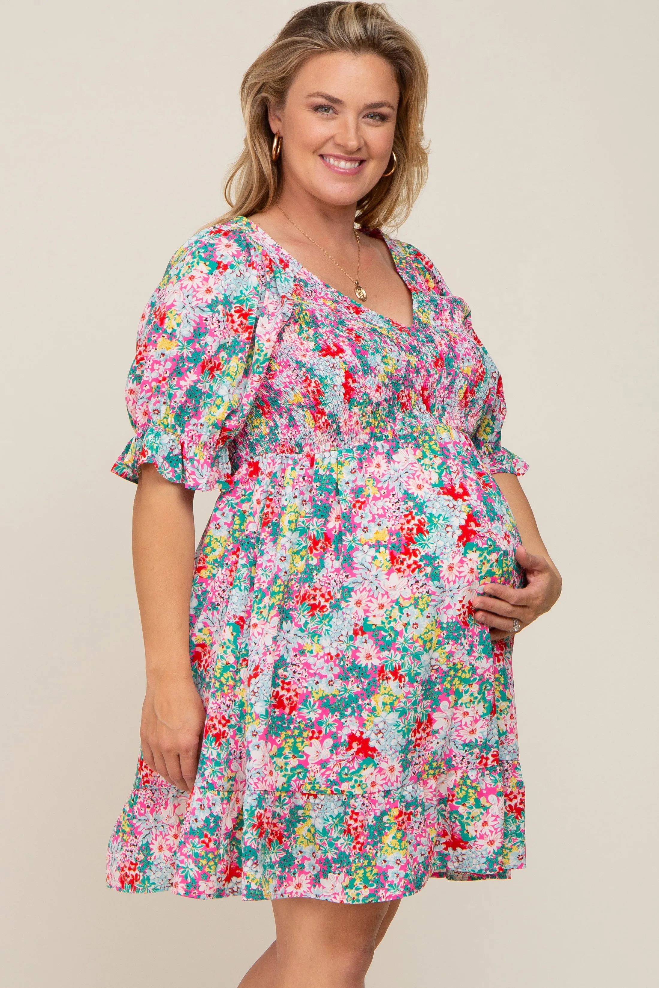 Fuchsia Floral Smocked Ruffle Accent Maternity Plus Dress sold by Pinkblush product image thumbnail 2
