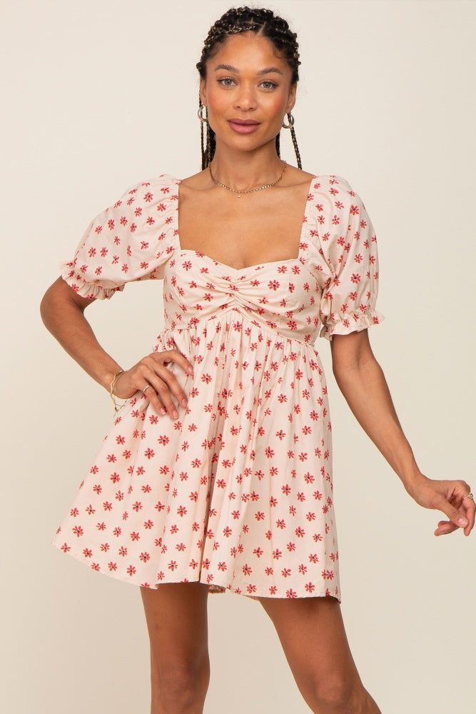Beige Floral Puff Sleeve Romper sold by Pinkblush