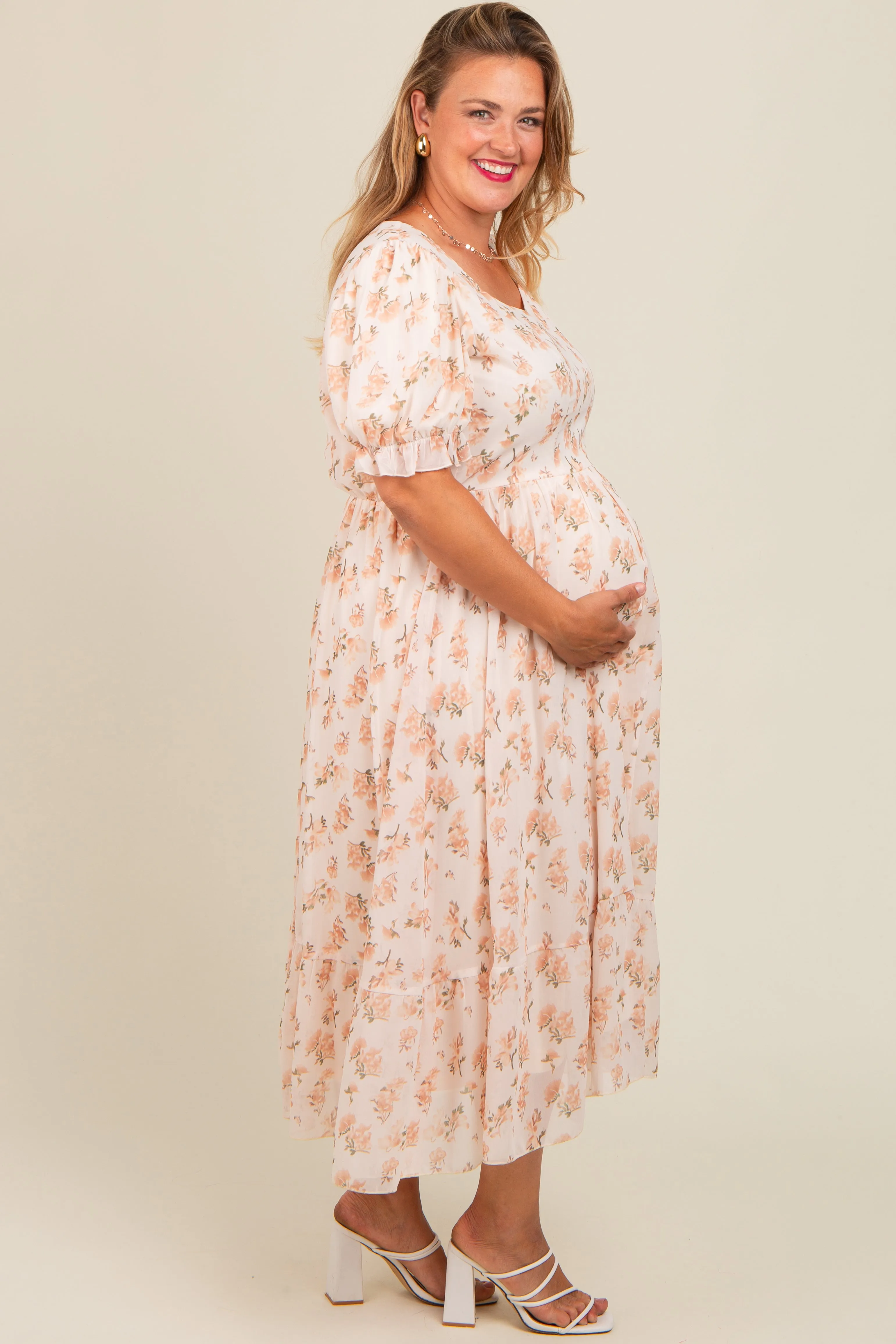 Cream Floral Puff Sleeve Plus Maternity Maxi Dress sold by Pinkblush product image thumbnail 3