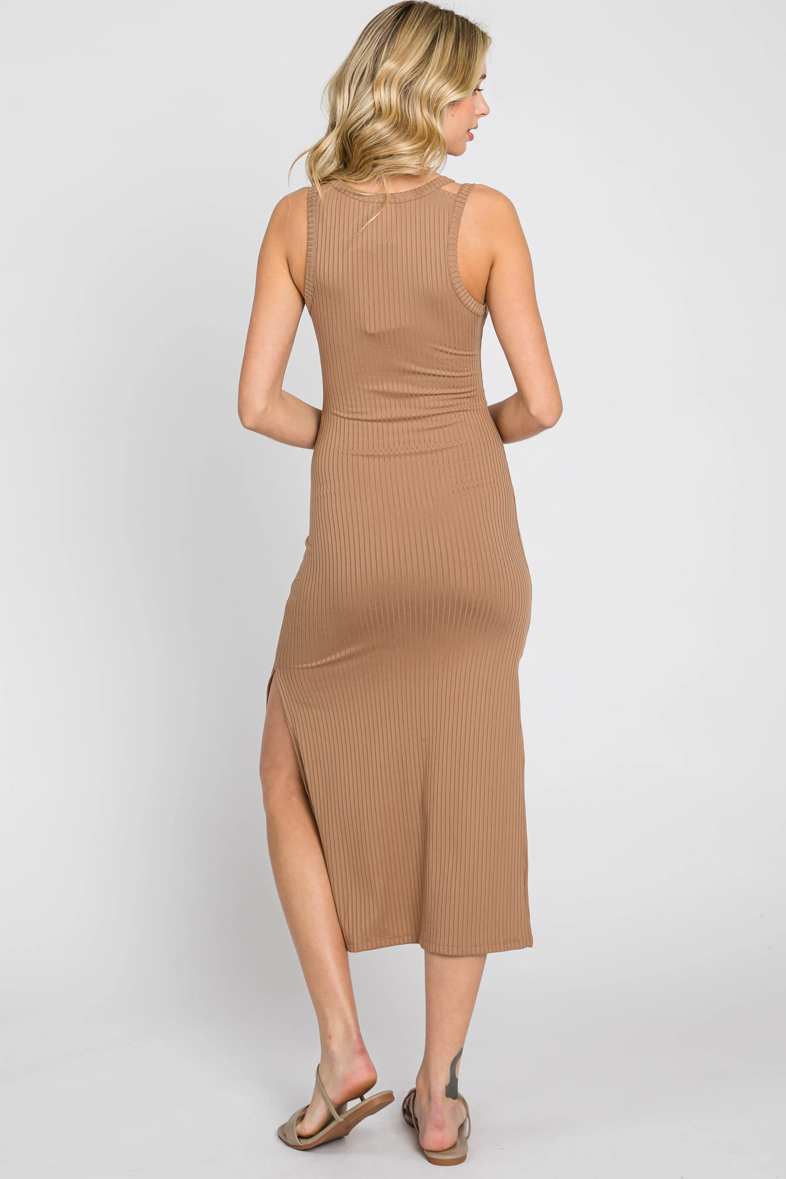 Mocha Ribbed Cutout Shoulder Side Slit Midi Dress sold by Pinkblush product image thumbnail 3