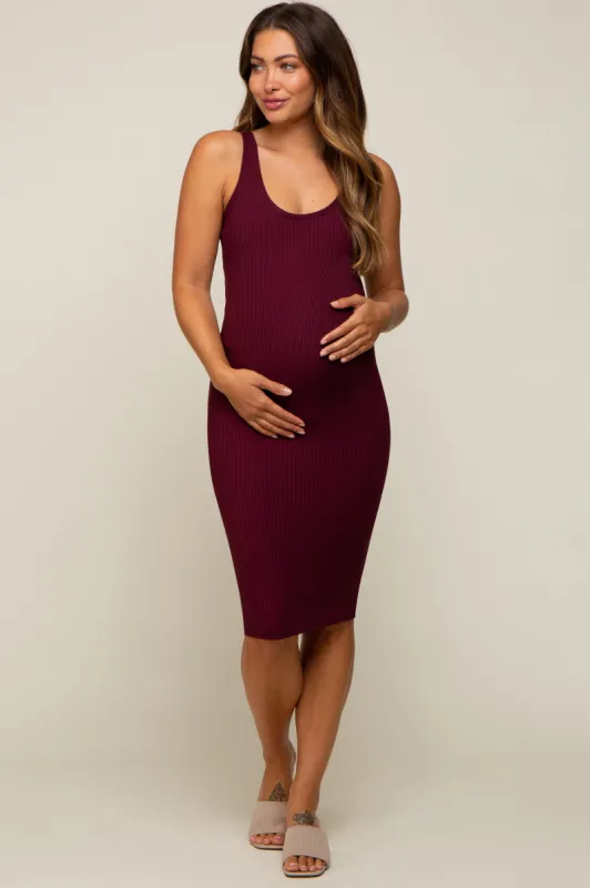 Burgundy Rib Knit Basic Sleeveless Maternity Dress sold by Pinkblush