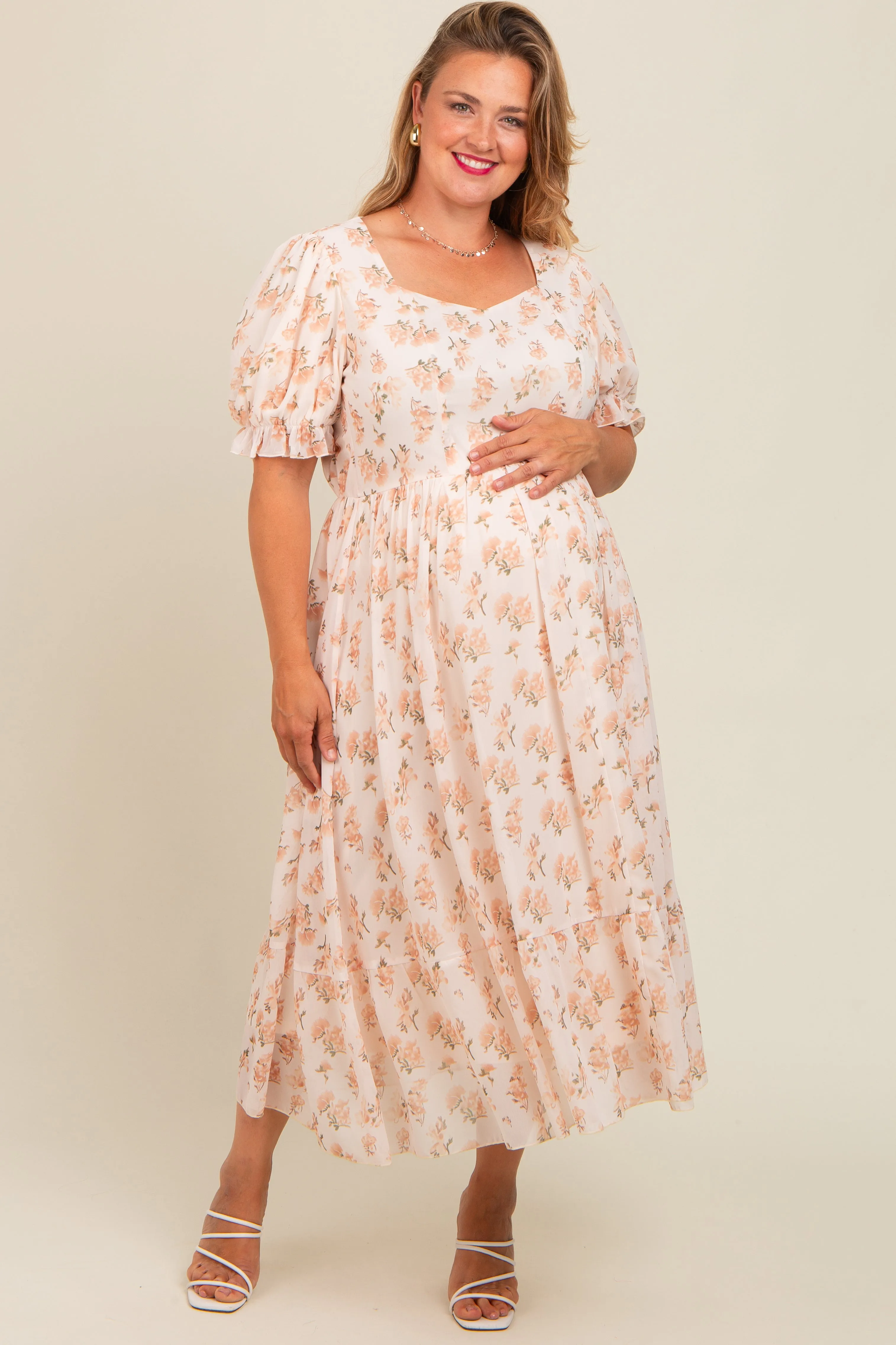 Cream Floral Puff Sleeve Plus Maternity Maxi Dress sold by Pinkblush
