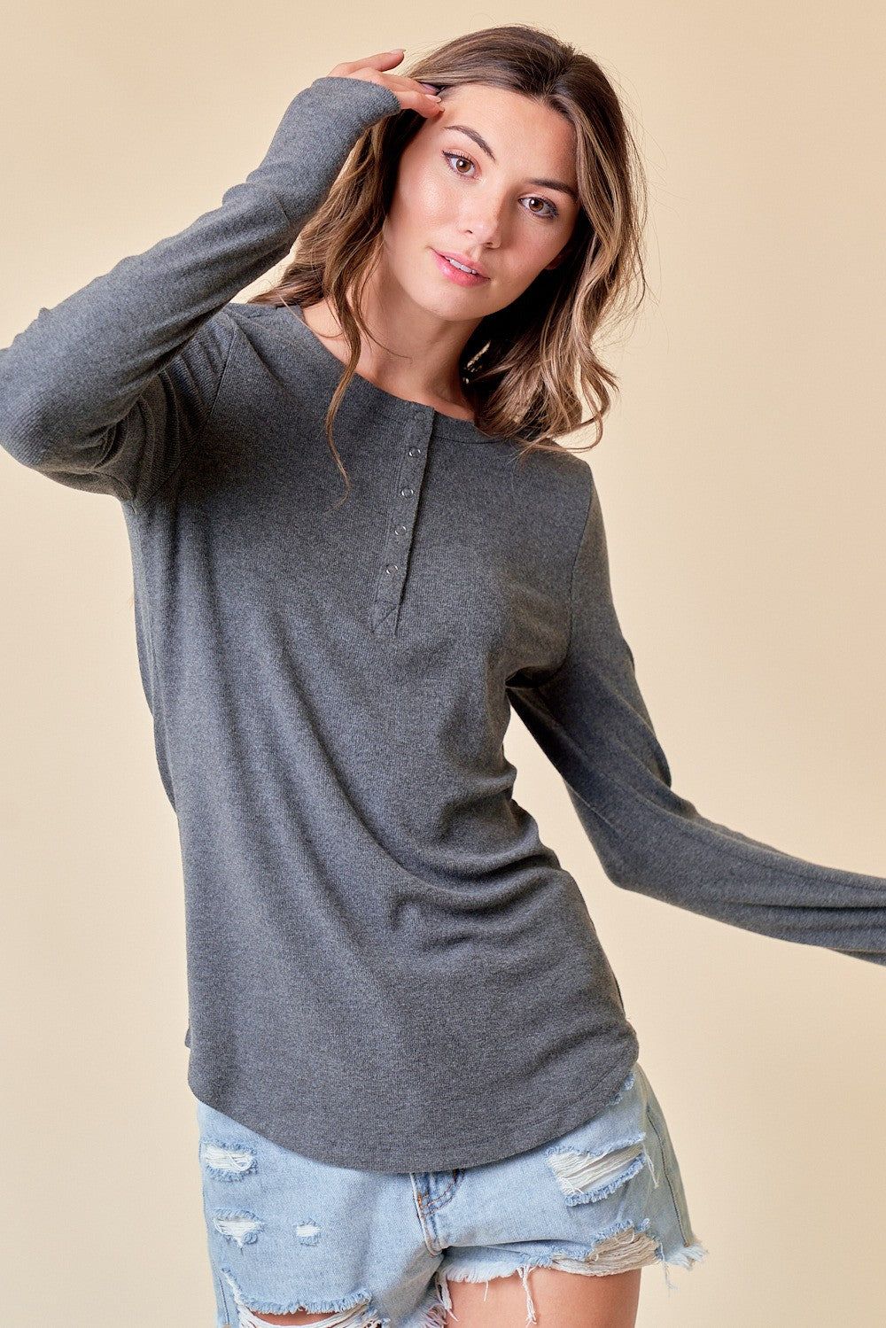 Charcoal Button Front Soft Knit Long Sleeve Henley Top sold by Pinkblush