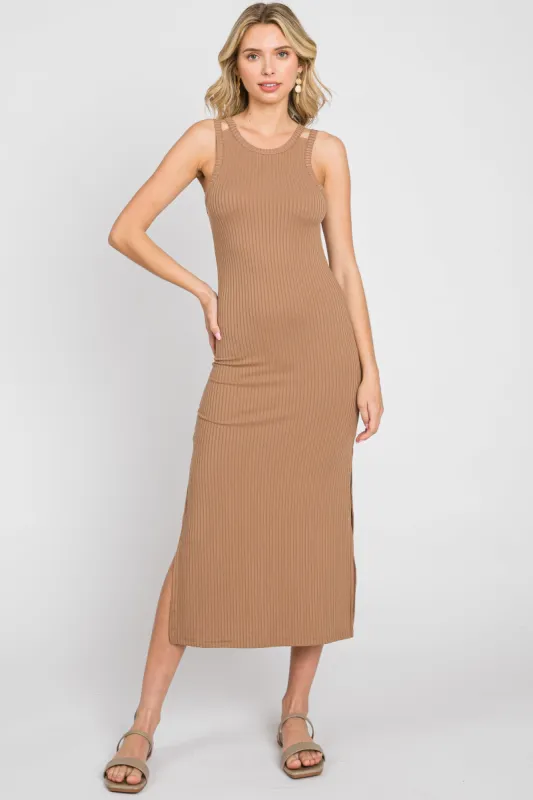 Mocha Ribbed Cutout Shoulder Side Slit Midi Dress sold by Pinkblush