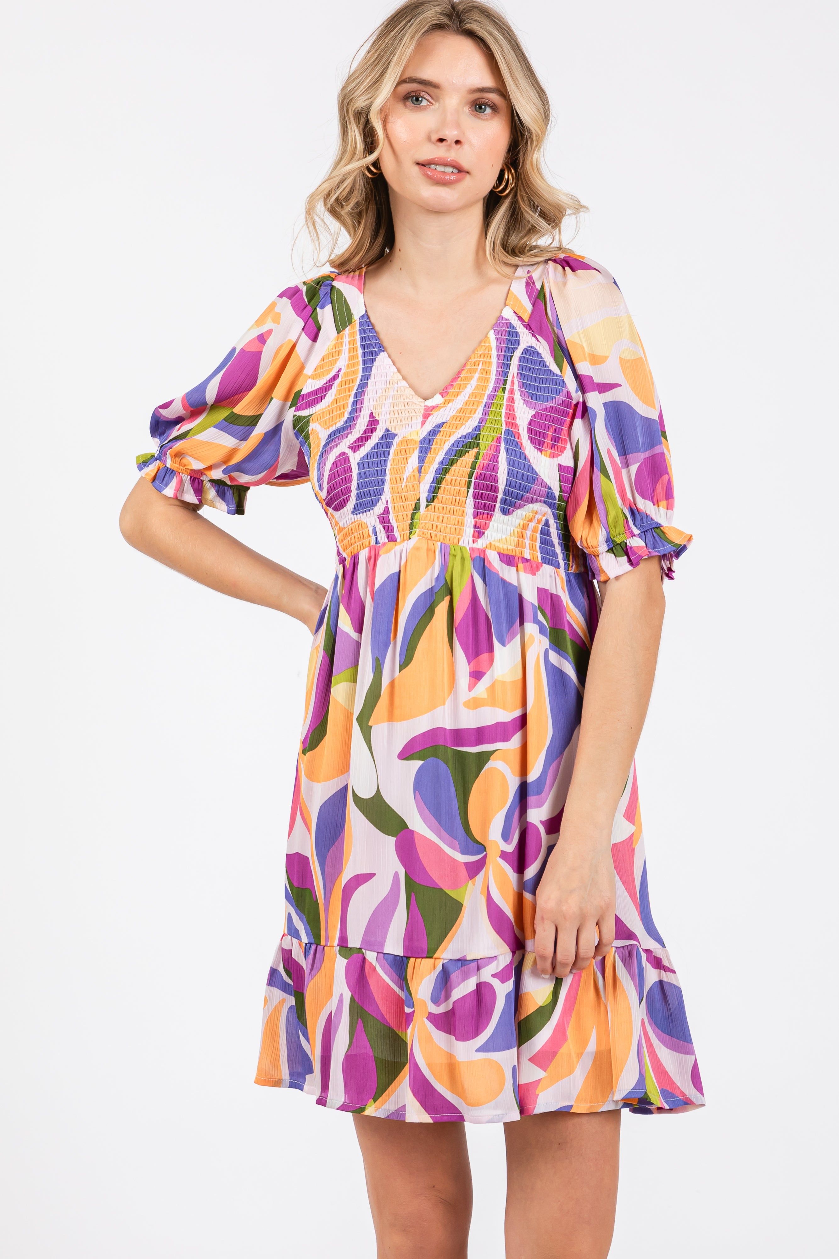 Lavender Abstract Print Smocked Dress sold by Pinkblush