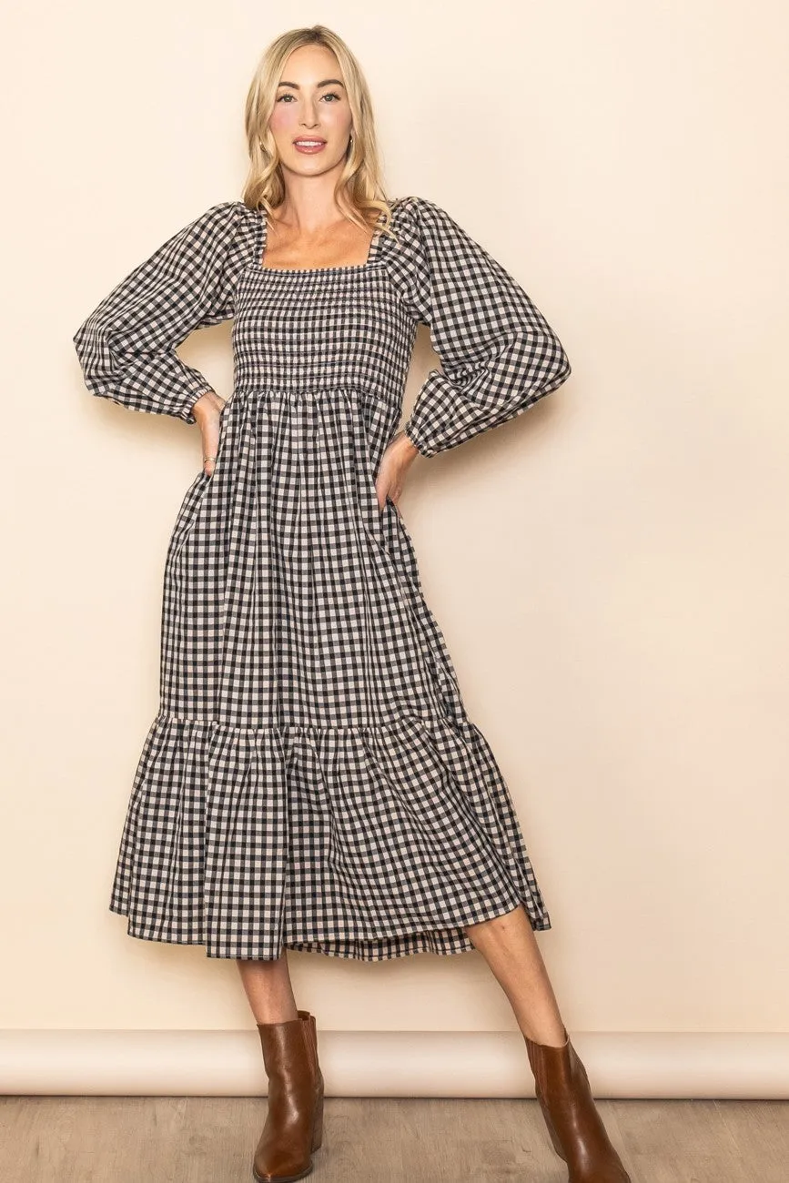 Black Gingham Long Sleeve Midi Dress sold by Pinkblush