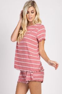 PinkBlush Mauve Striped Ruffle Trim Pajama Set sold by Pinkblush