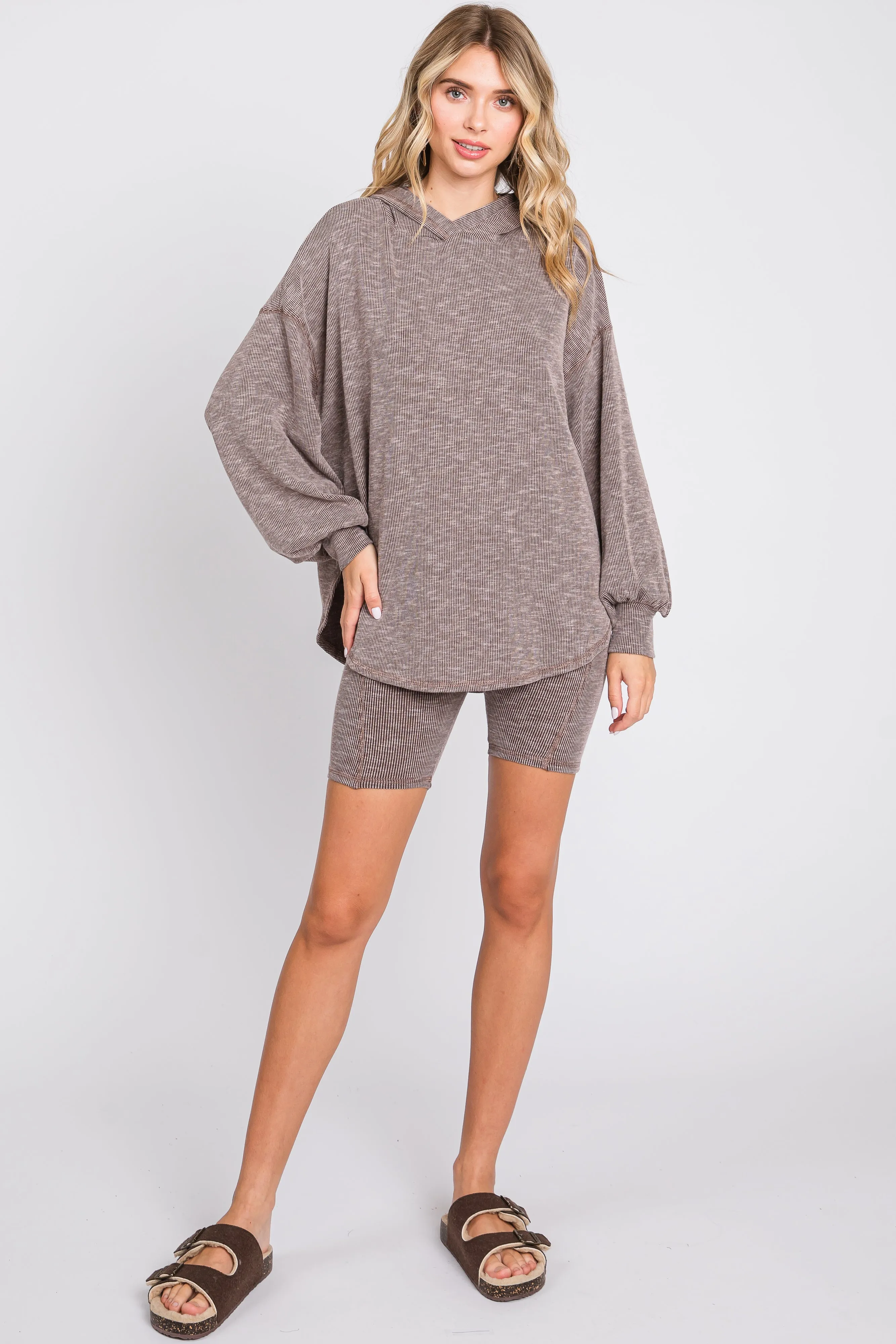 Brown Ribbed Hooded Biker Short Set sold by Pinkblush
