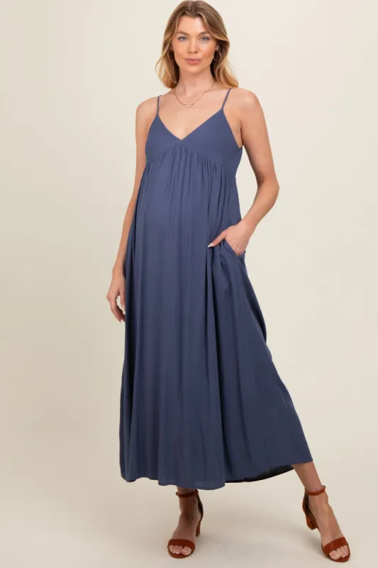 Blue Sleeveless V-Neck Maternity Midi Dress sold by Pinkblush