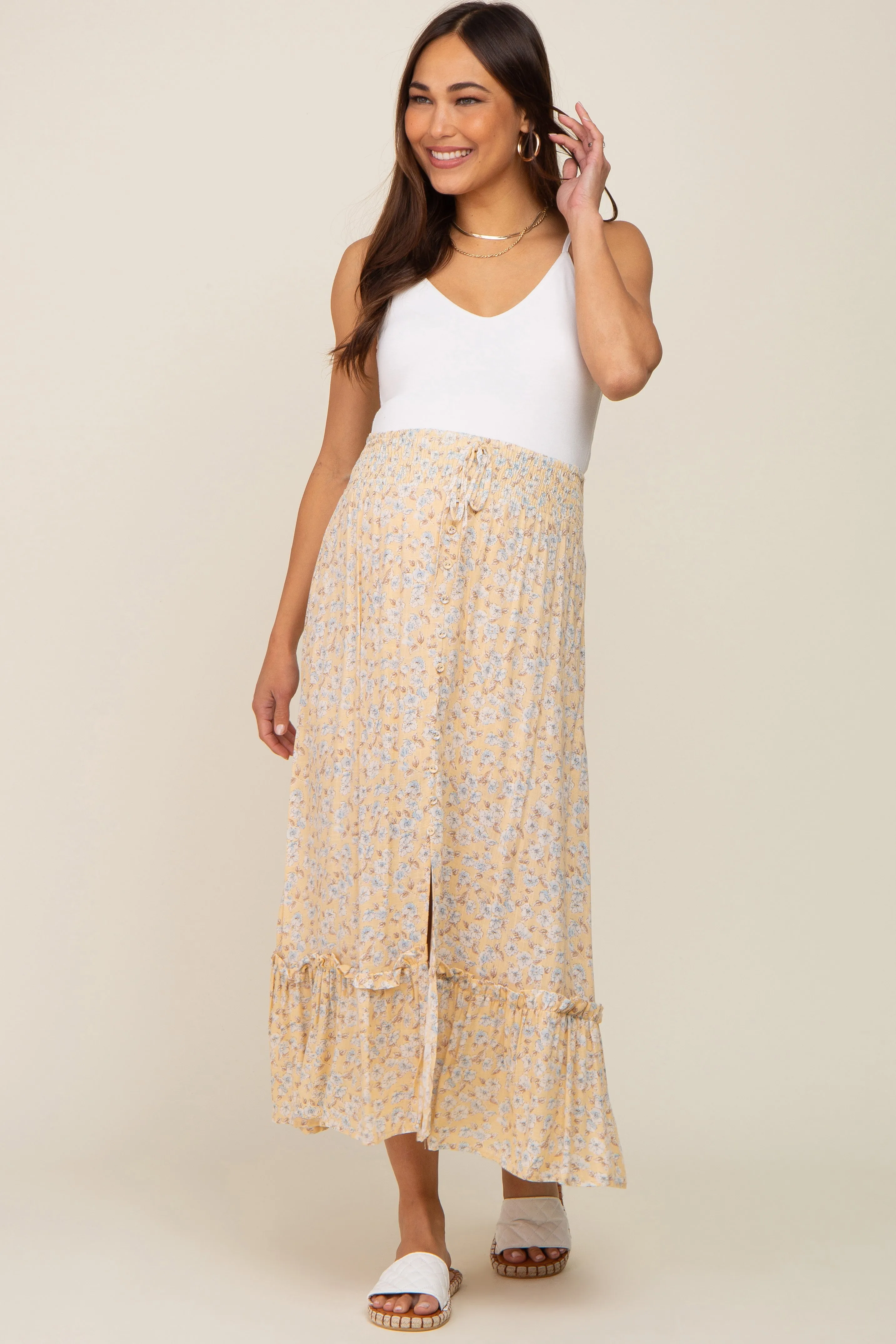 Yellow Floral Button Ruffle Maternity Maxi Skirt sold by Pinkblush