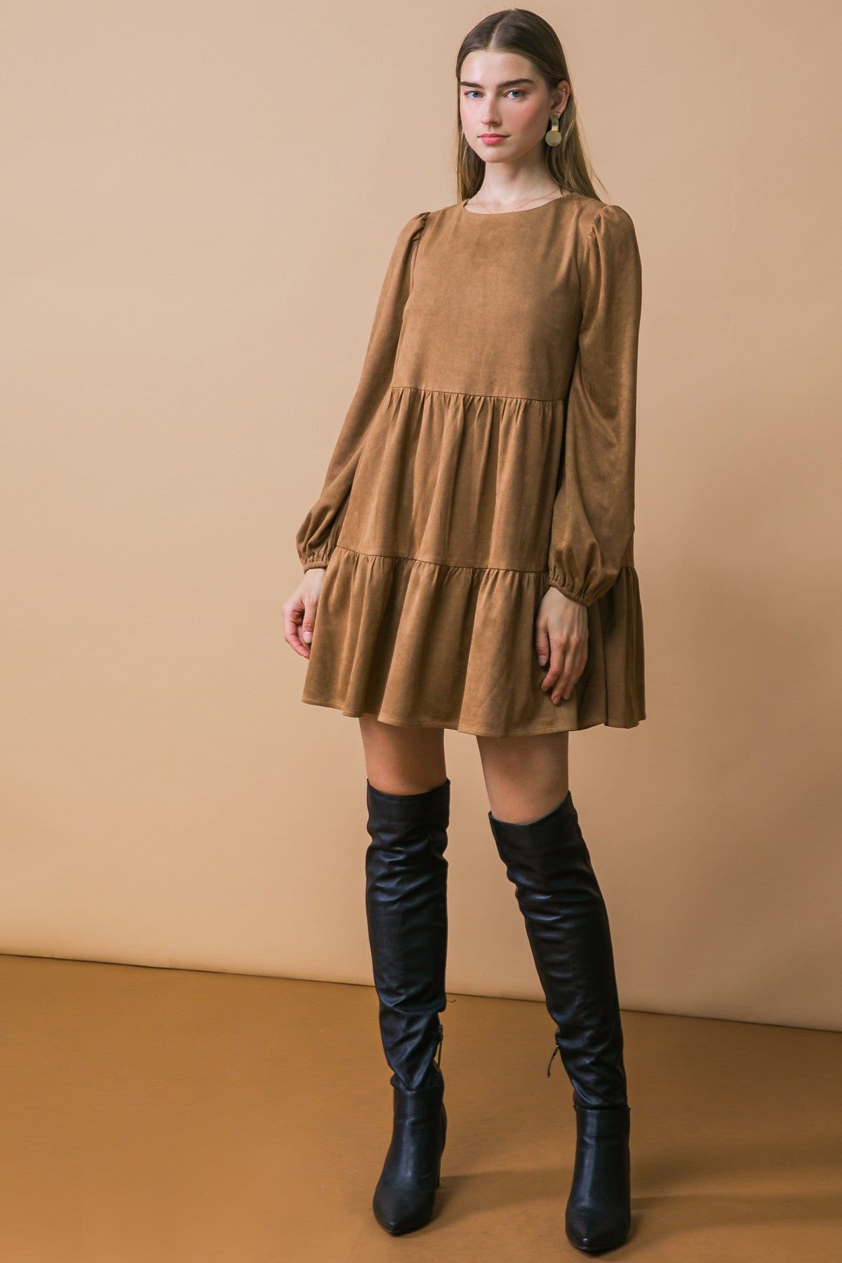 Camel Tiered Long Sleeve Dress sold by Pinkblush