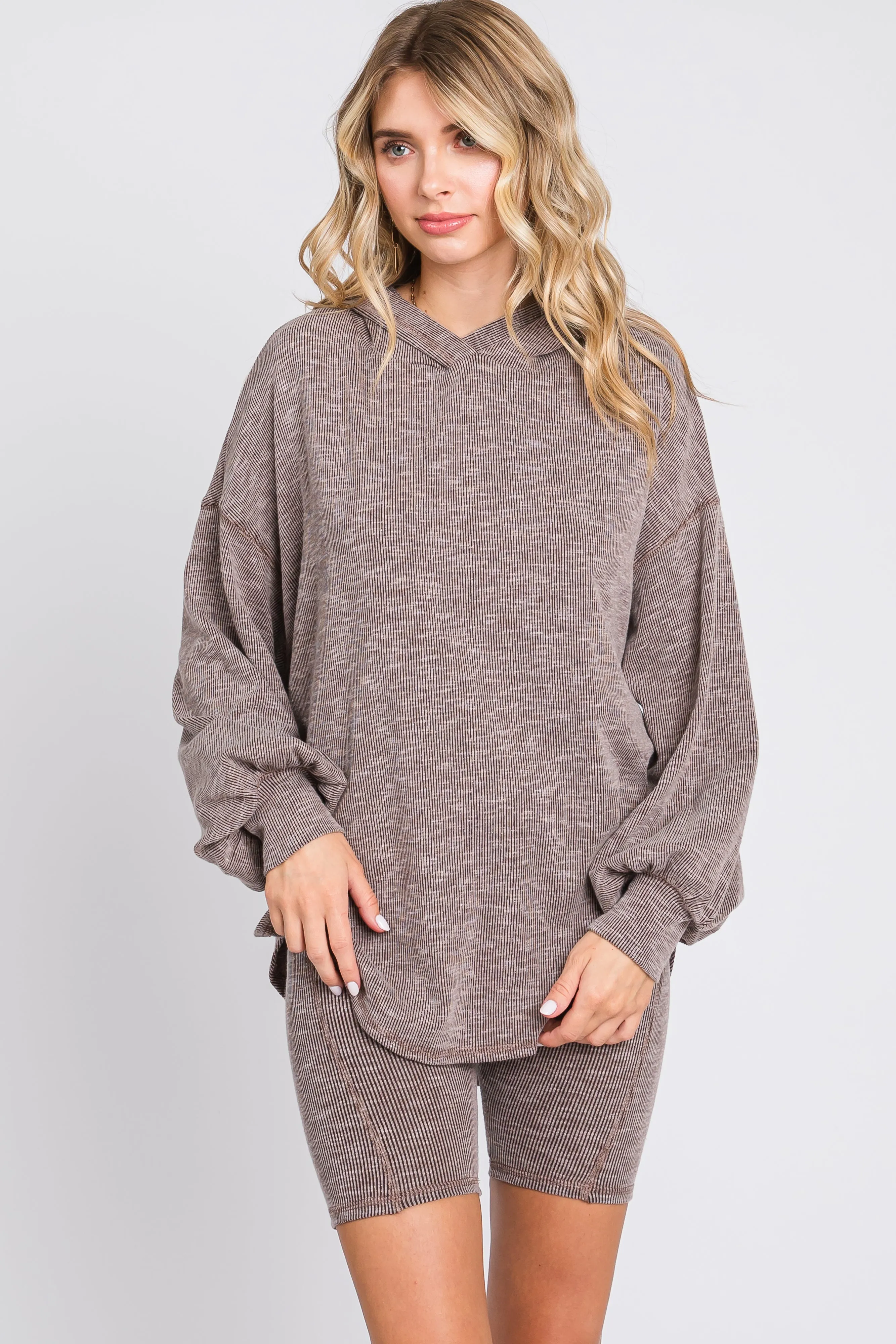 Brown Ribbed Hooded Biker Short Set sold by Pinkblush product image thumbnail 2