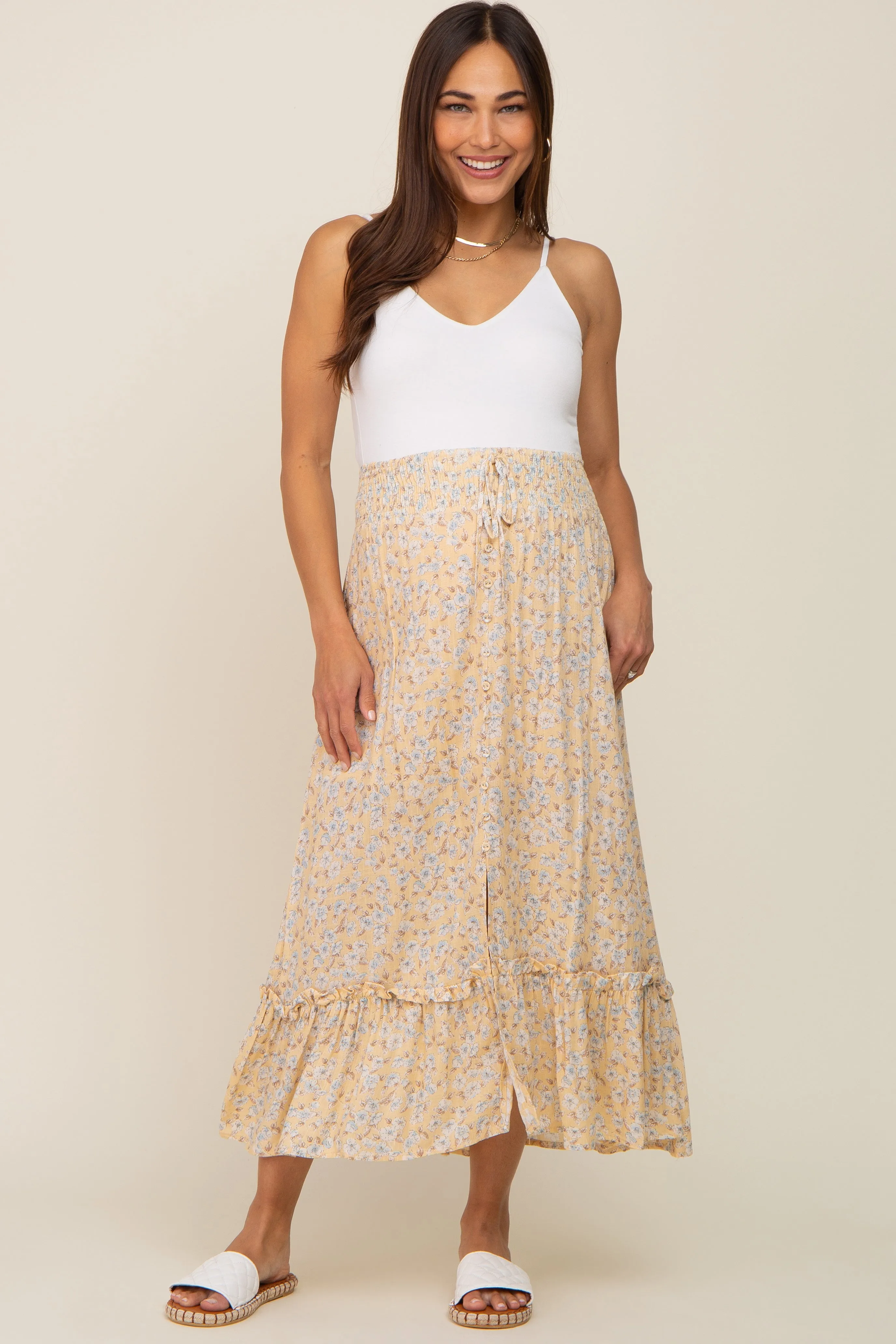 Yellow Floral Button Ruffle Maternity Maxi Skirt sold by Pinkblush product image thumbnail 5