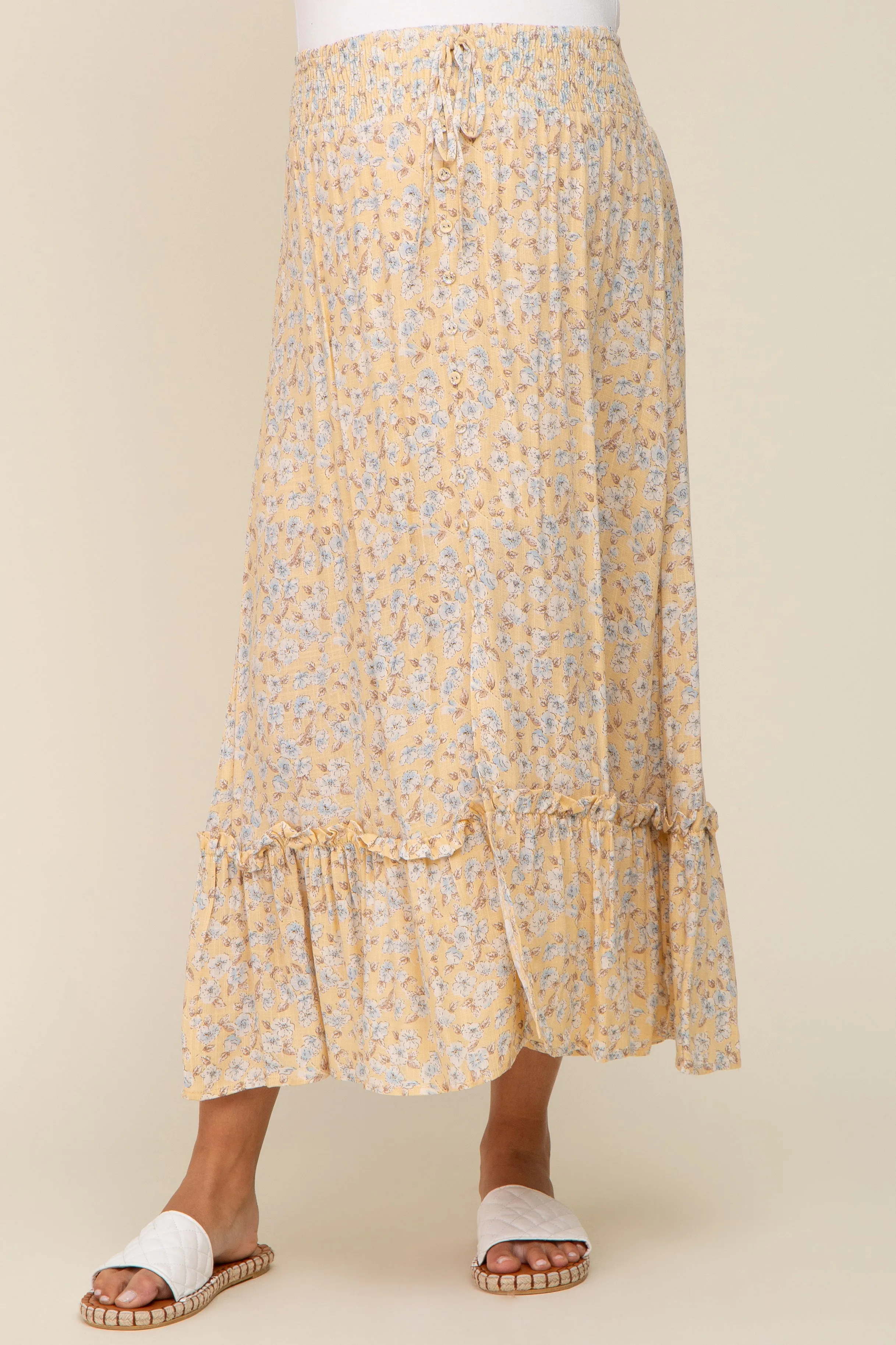 Yellow Floral Button Ruffle Maternity Maxi Skirt sold by Pinkblush product image thumbnail 2